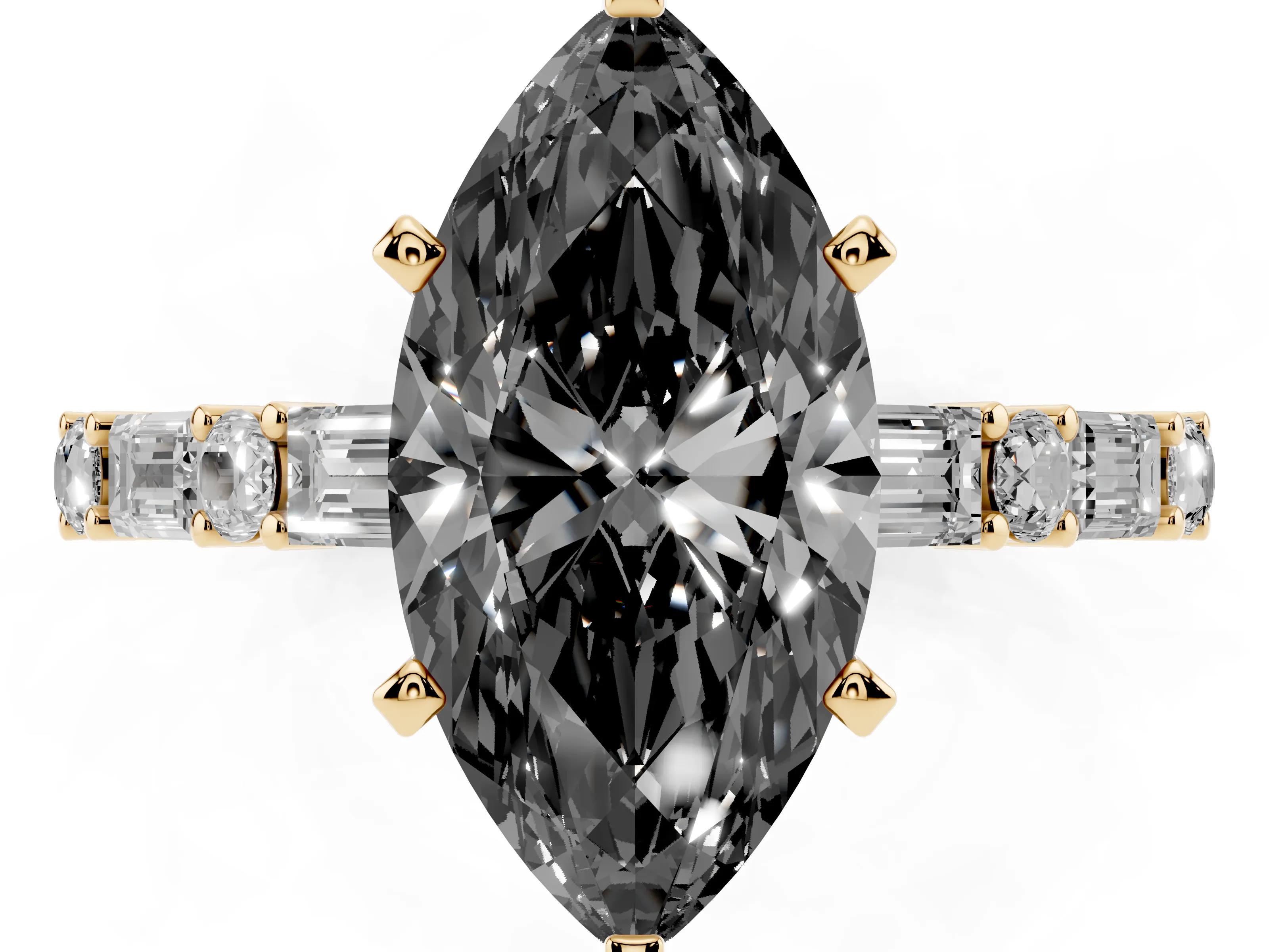 Fancy Black Marquise Cut Diamond Solitaire Set in Yellow gold with Side Baguettes and Channel Set Band