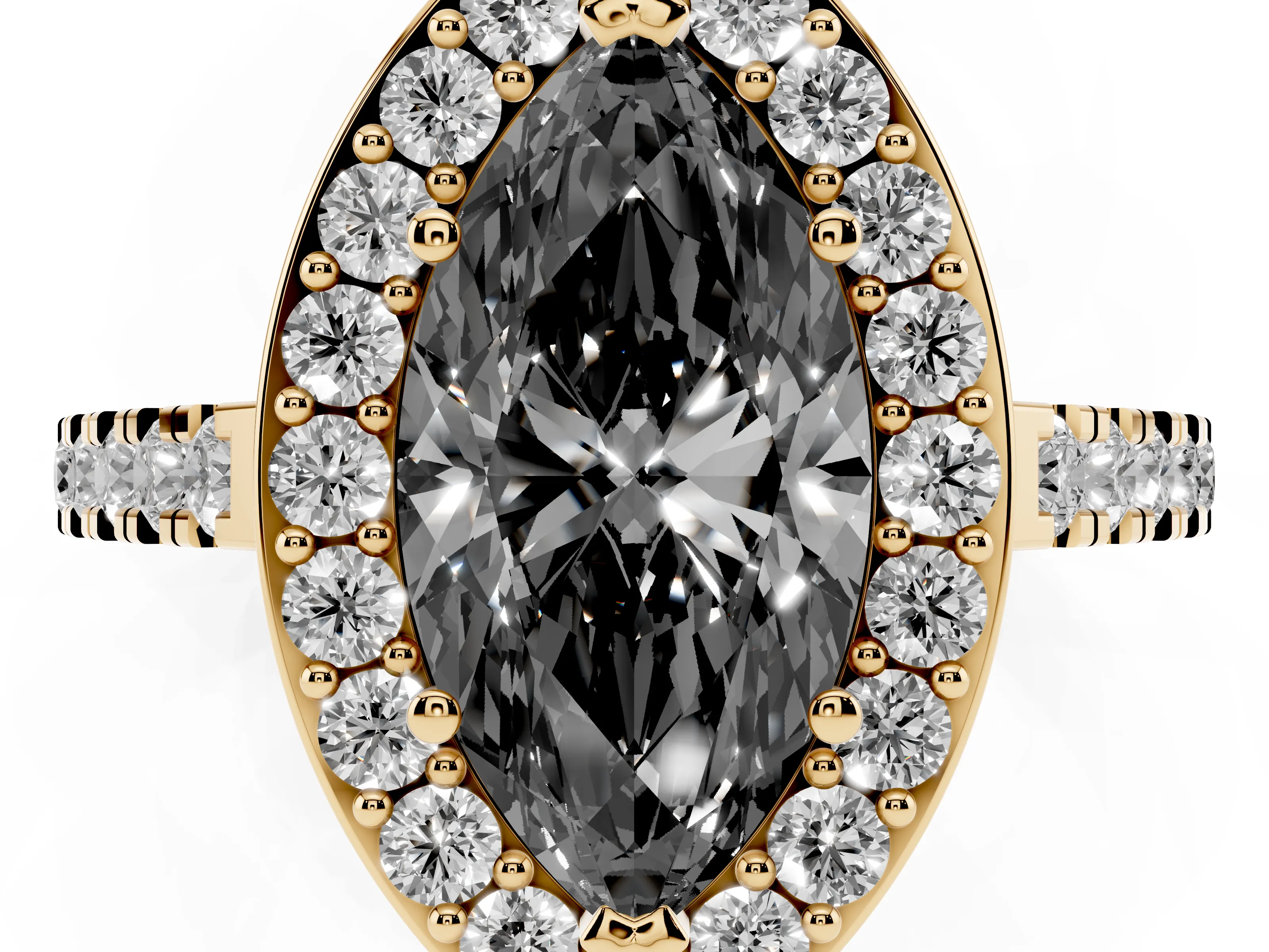 Fancy Black Marquise Cut Diamond Halo Ring Set in Yellow gold with Round Pavé Split Shank and Prong Setting
