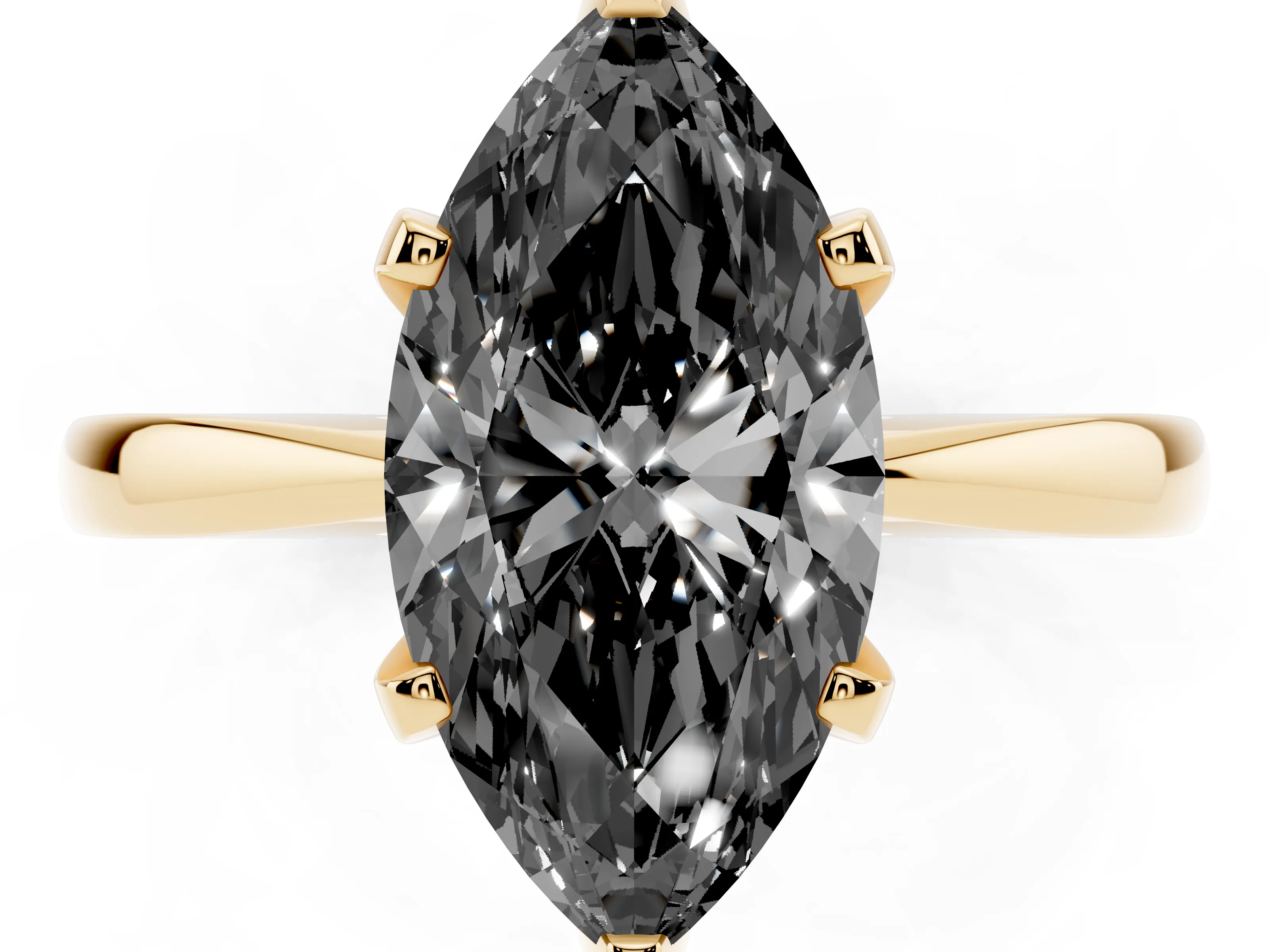 Fancy Black Marquise Cut Diamond Solitaire Engagement Ring Set in Yellow gold with Slim Tapered Solitaire Band