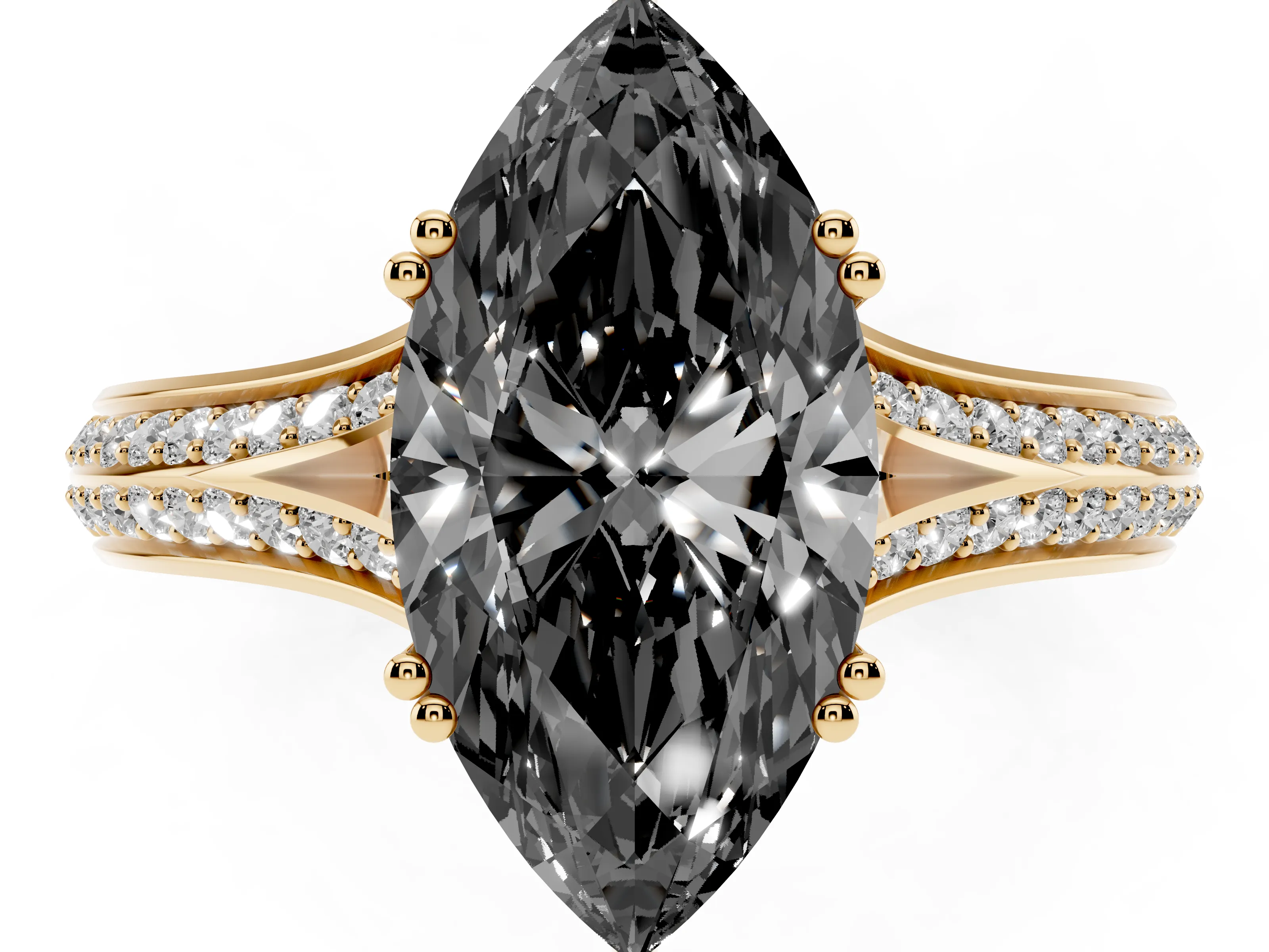 Fancy Black Marquise Cut Diamond Split Shank Pavé Engagement Ring Set in Yellow gold with Prong-Set Center Stone