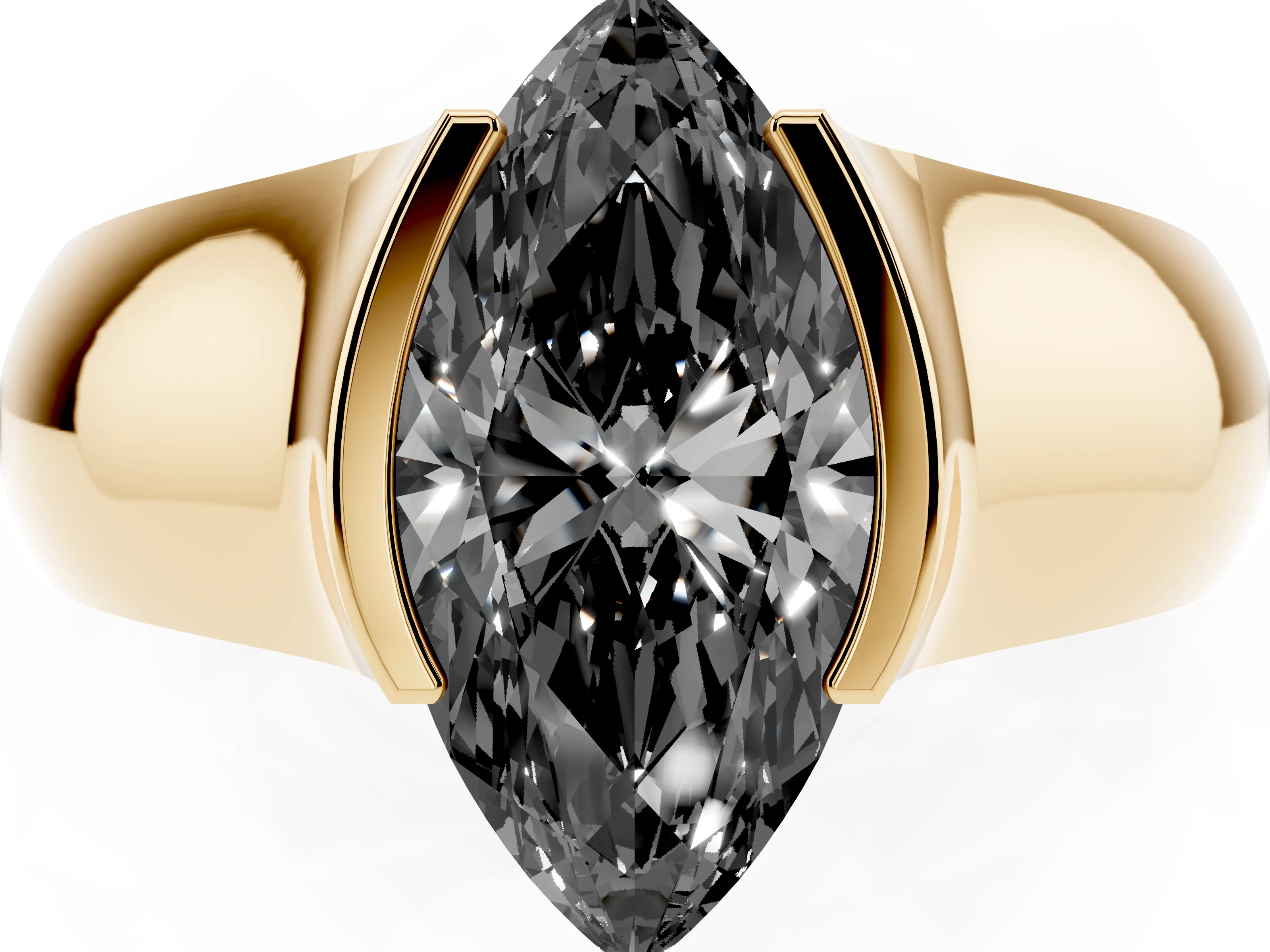 Fancy Black Marquise Cut Diamond Bezel Solitaire Ring Set in Yellow gold with Wide Band