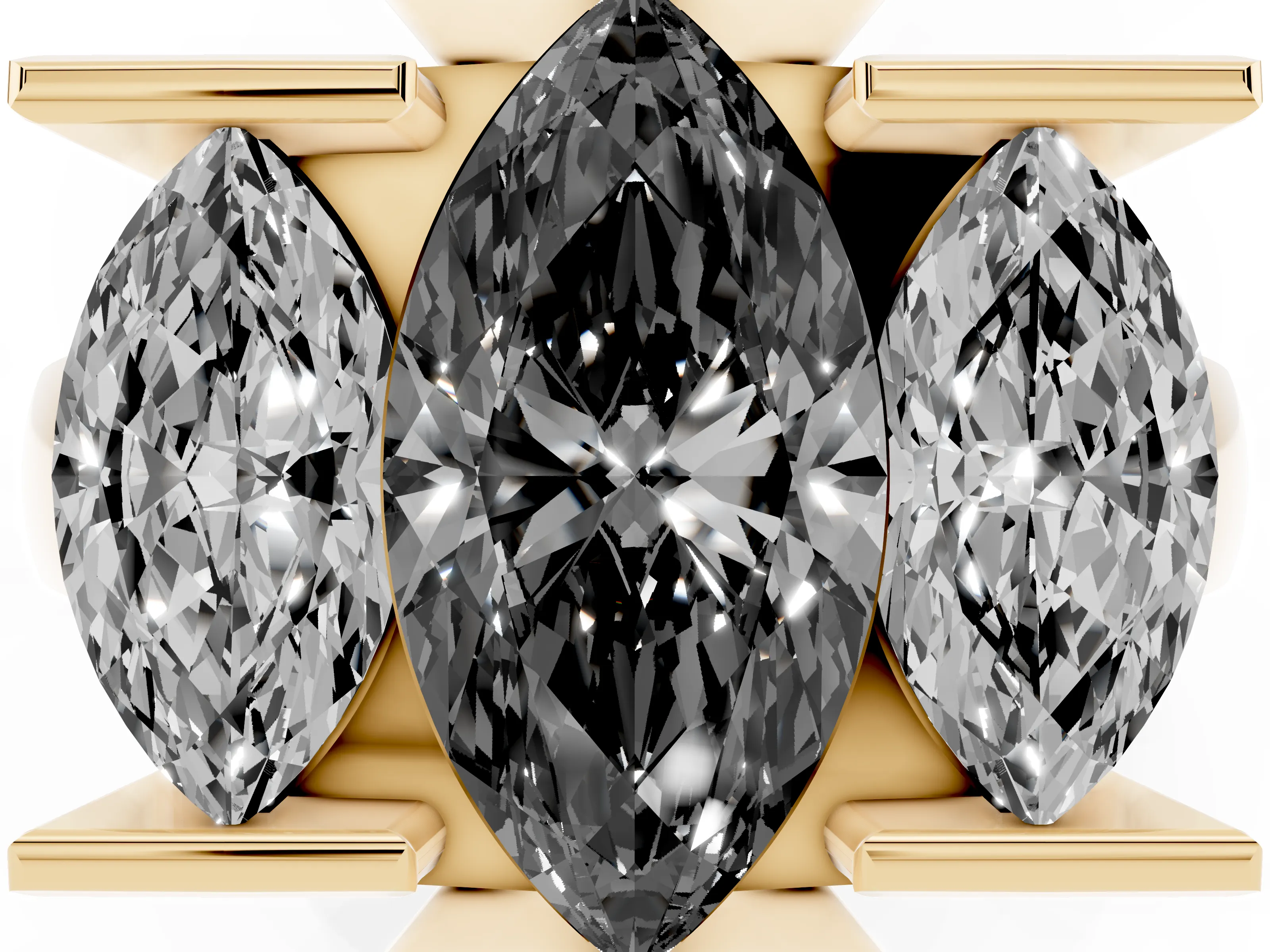 Fancy Black Marquise Cut Diamond Three-Stone Channel Set Ring Set in Yellow gold with Smooth Polished Band