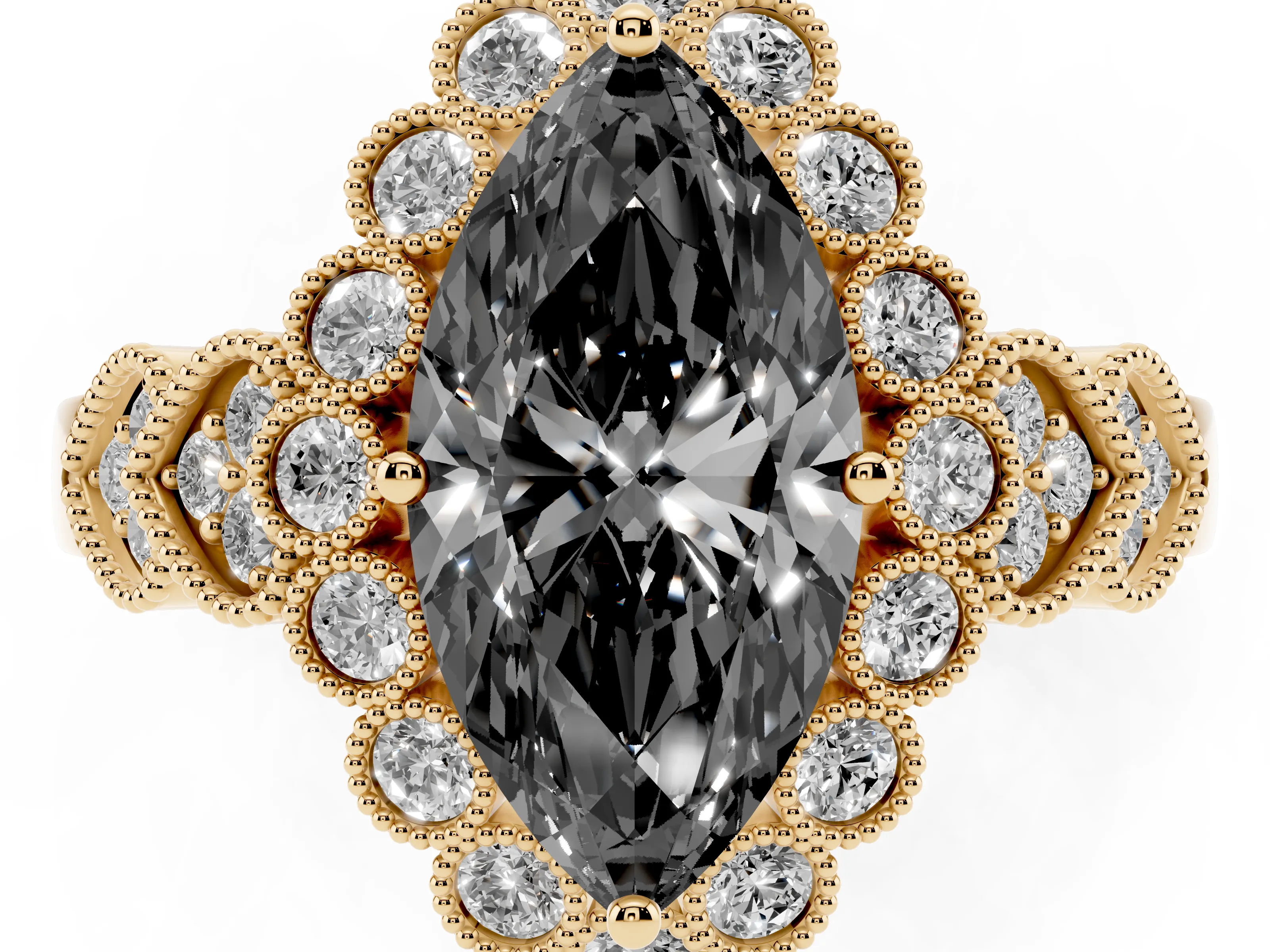 Fancy Black Marquise Cut Diamond Solitaire Ring Set in Yellow gold with Milgrain Pavé Heart Band