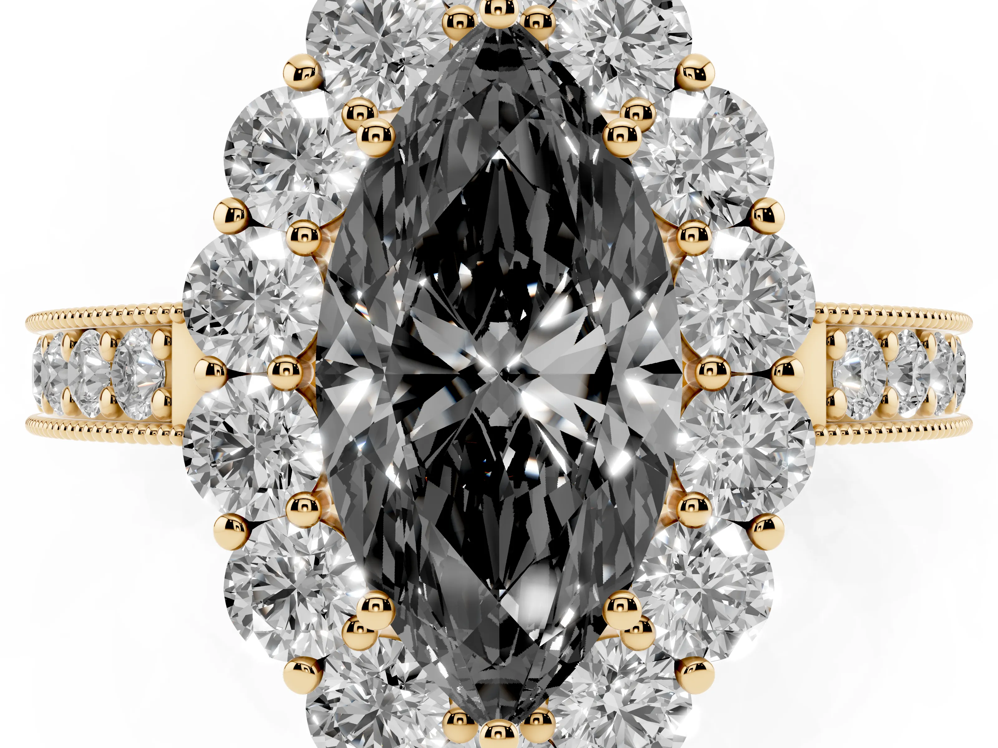 Fancy Black Marquise Cut Diamond Halo Pavé Engagement Ring Set in Yellow gold with Milgrain Detailing
