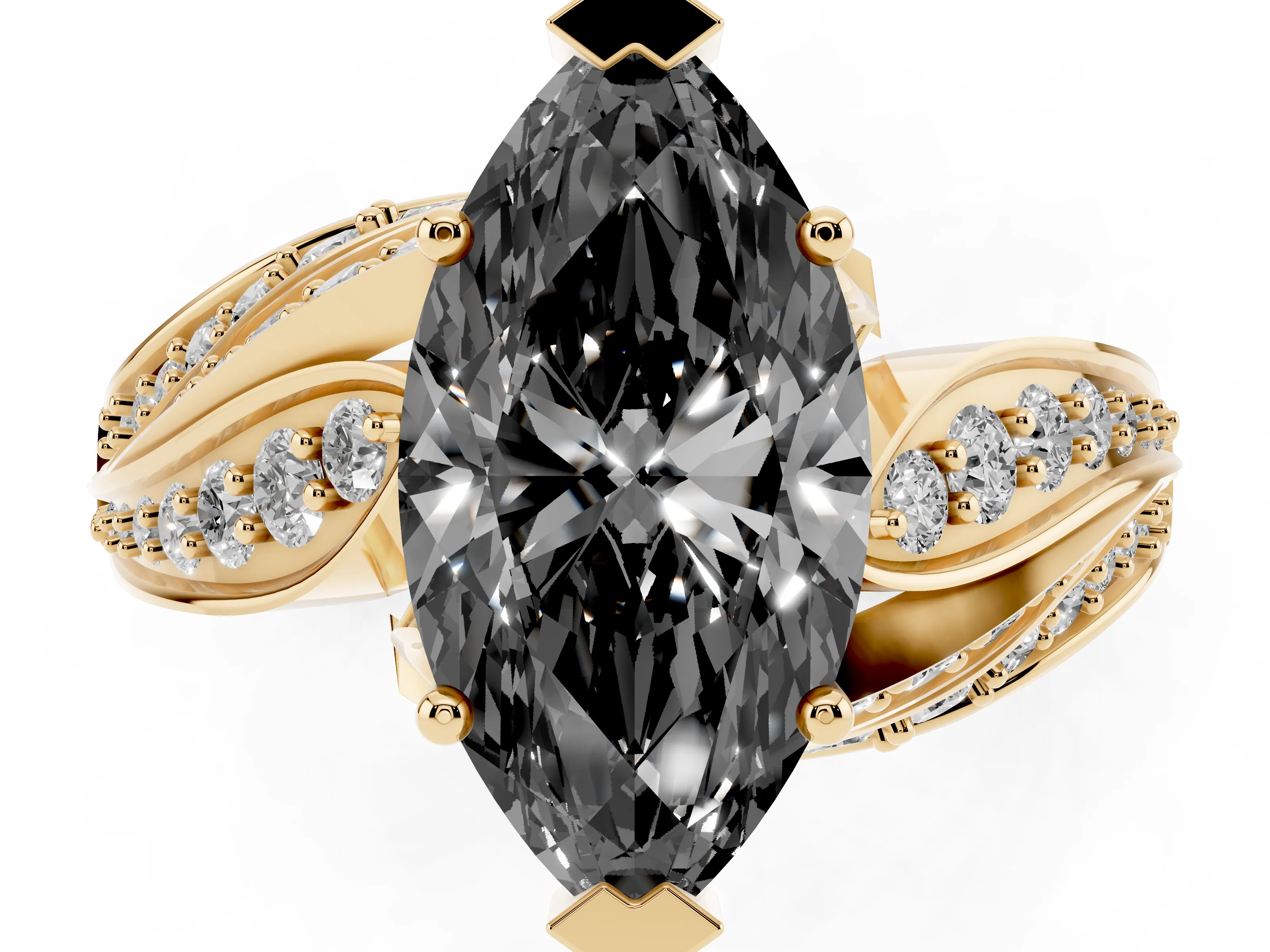 Fancy Black Marquise Cut Diamond Solitaire Ring Set in Yellow gold with Layered Twist Pavé Band