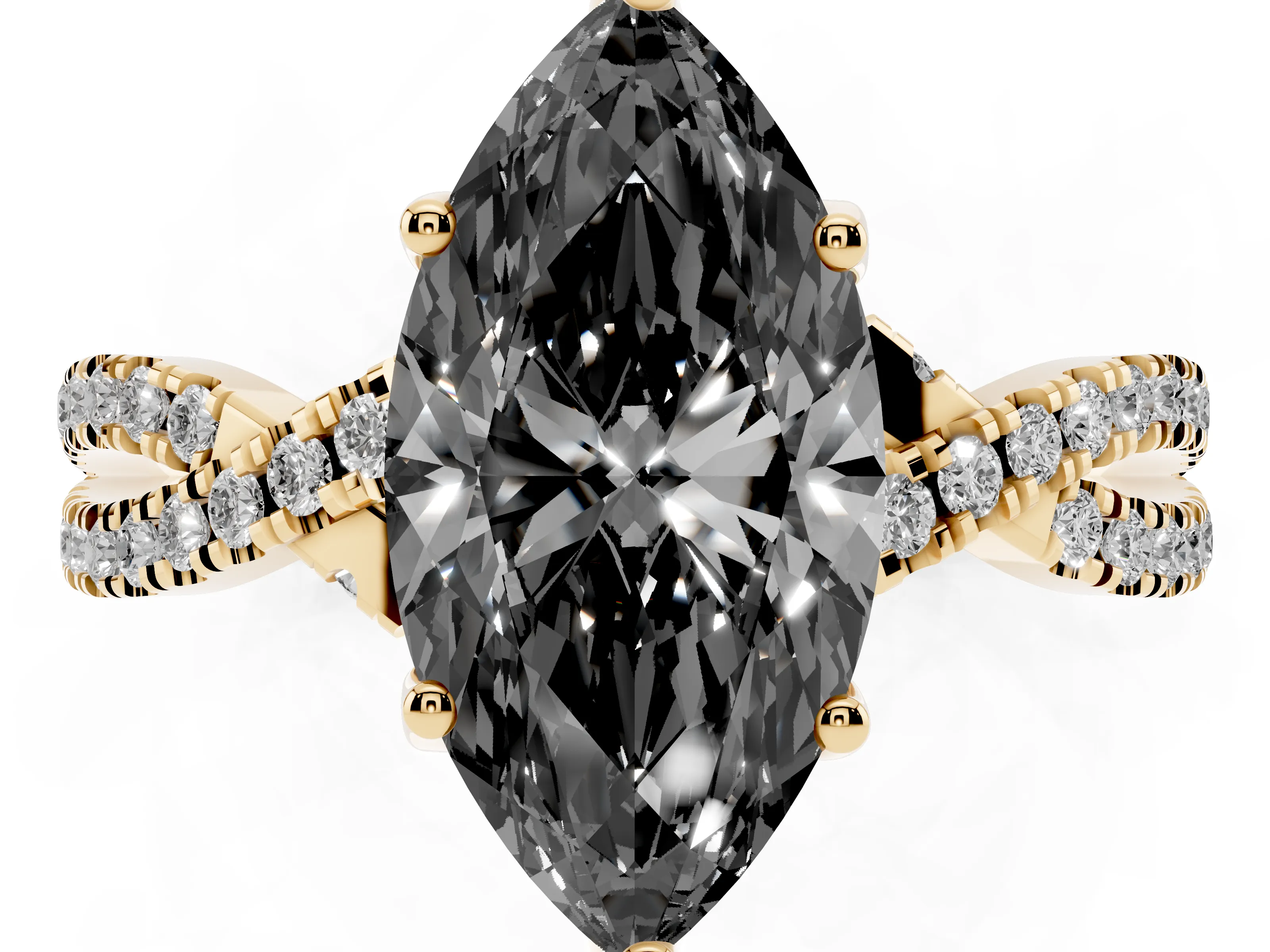 Fancy Black Marquise Cut Diamond Twist Pavé Solitaire Engagement Ring Set in Yellow gold with Prong Setting