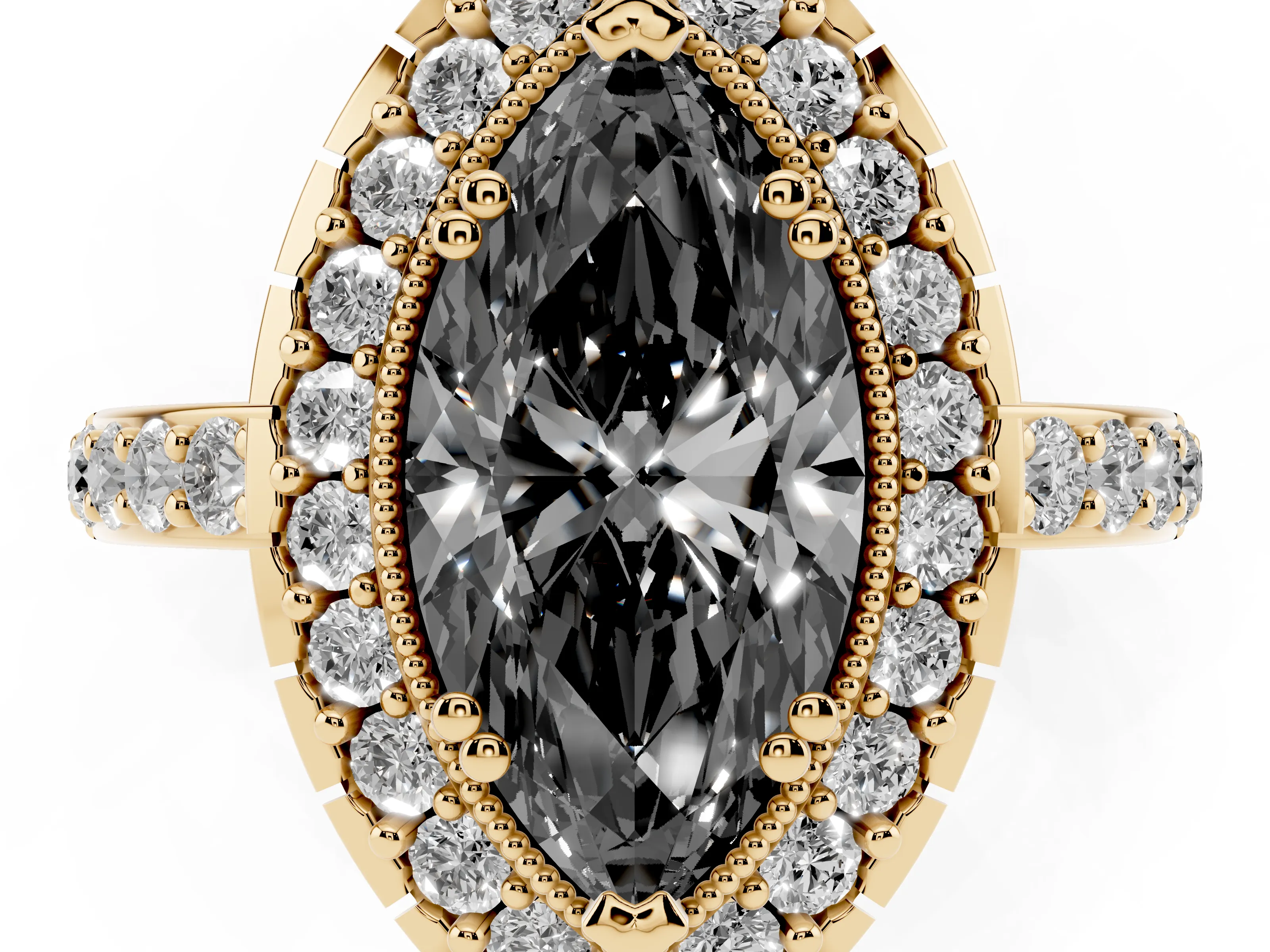 Fancy Black Marquise Cut Diamond Halo Ring Set in Yellow gold with Pavé Shank and Prong Setting
