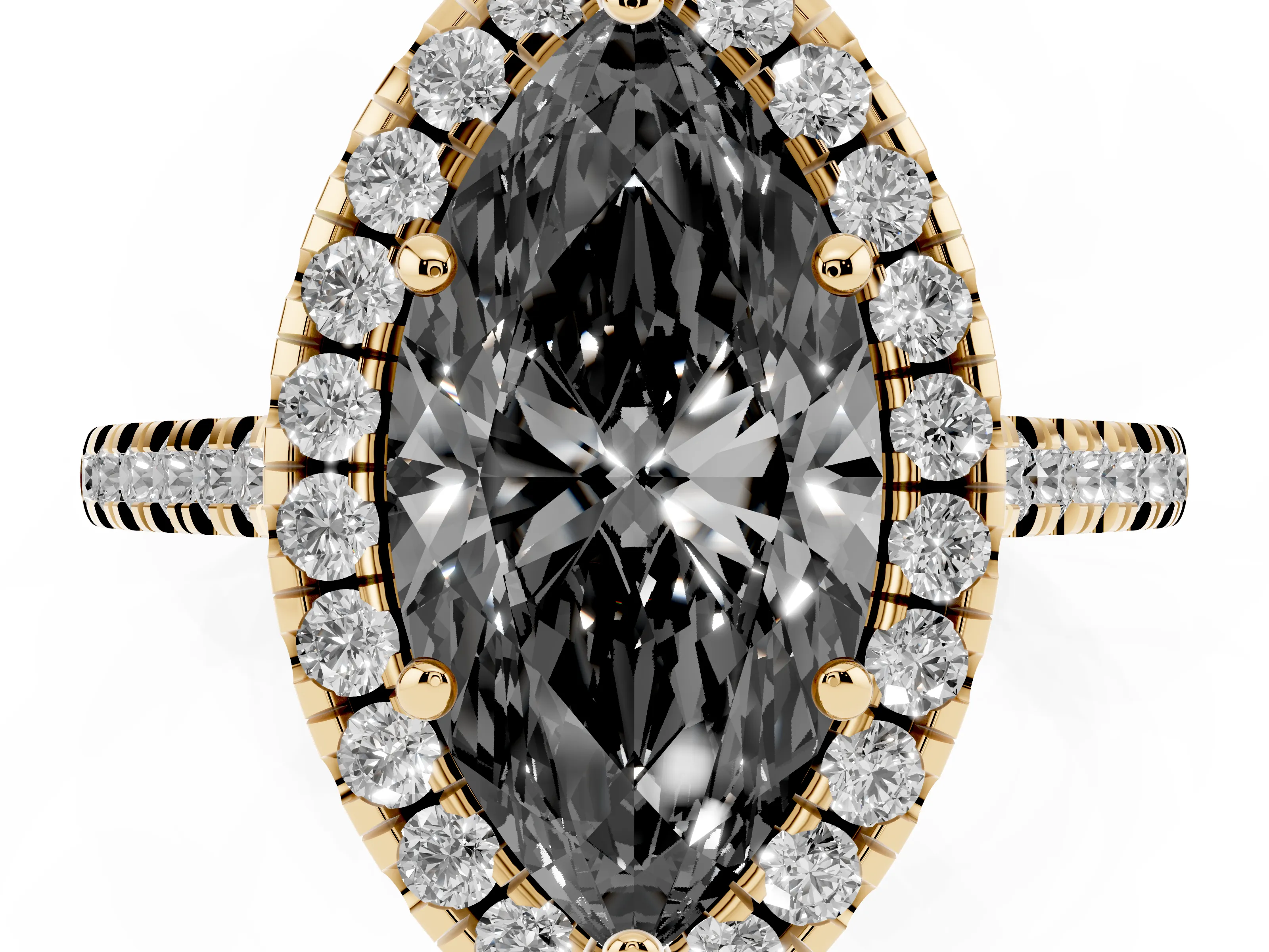 Fancy Black Marquise Cut Diamond Cushion Halo Ring Set in Yellow gold with Pavé Band