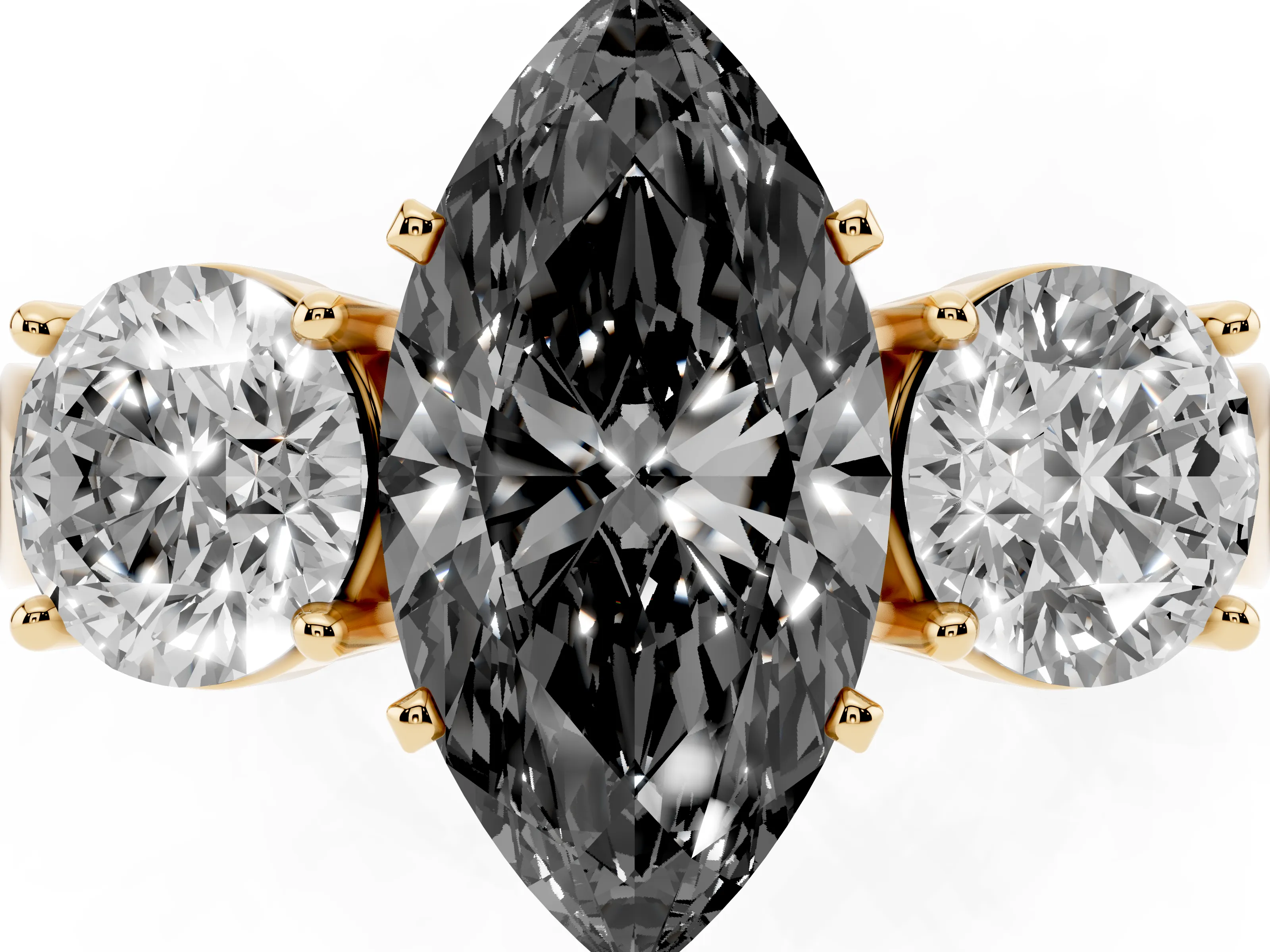 Fancy Black Marquise Cut Diamond Three-Stone Ring Set in Yellow gold with Round Side Stones and Classic Band