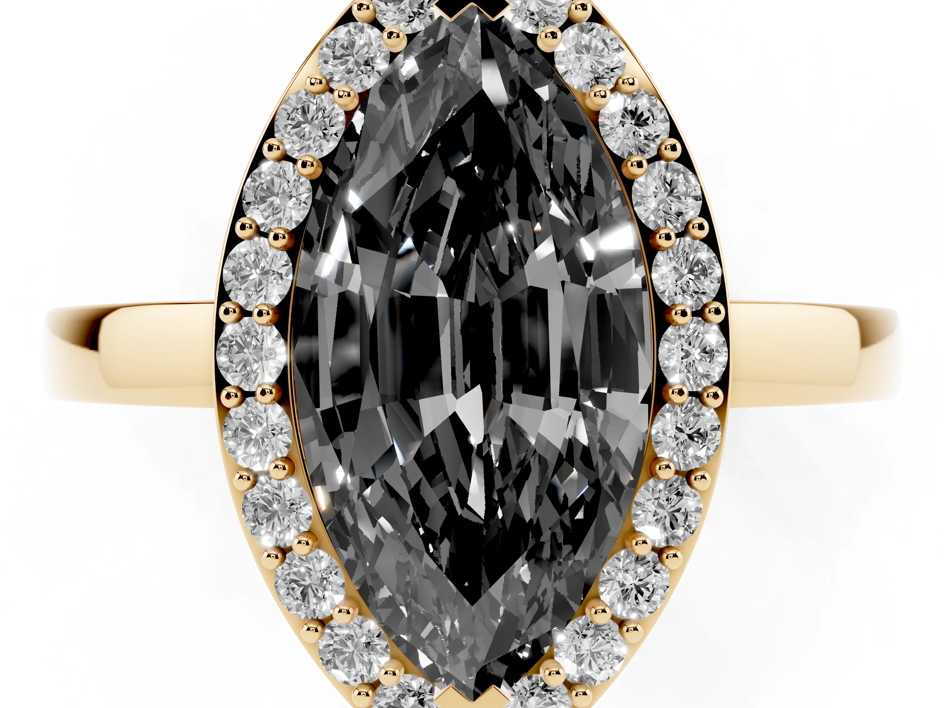 Fancy Black Marquise Cut Diamond Halo Ring Set in Yellow gold with Solitaire Band and Prong Setting