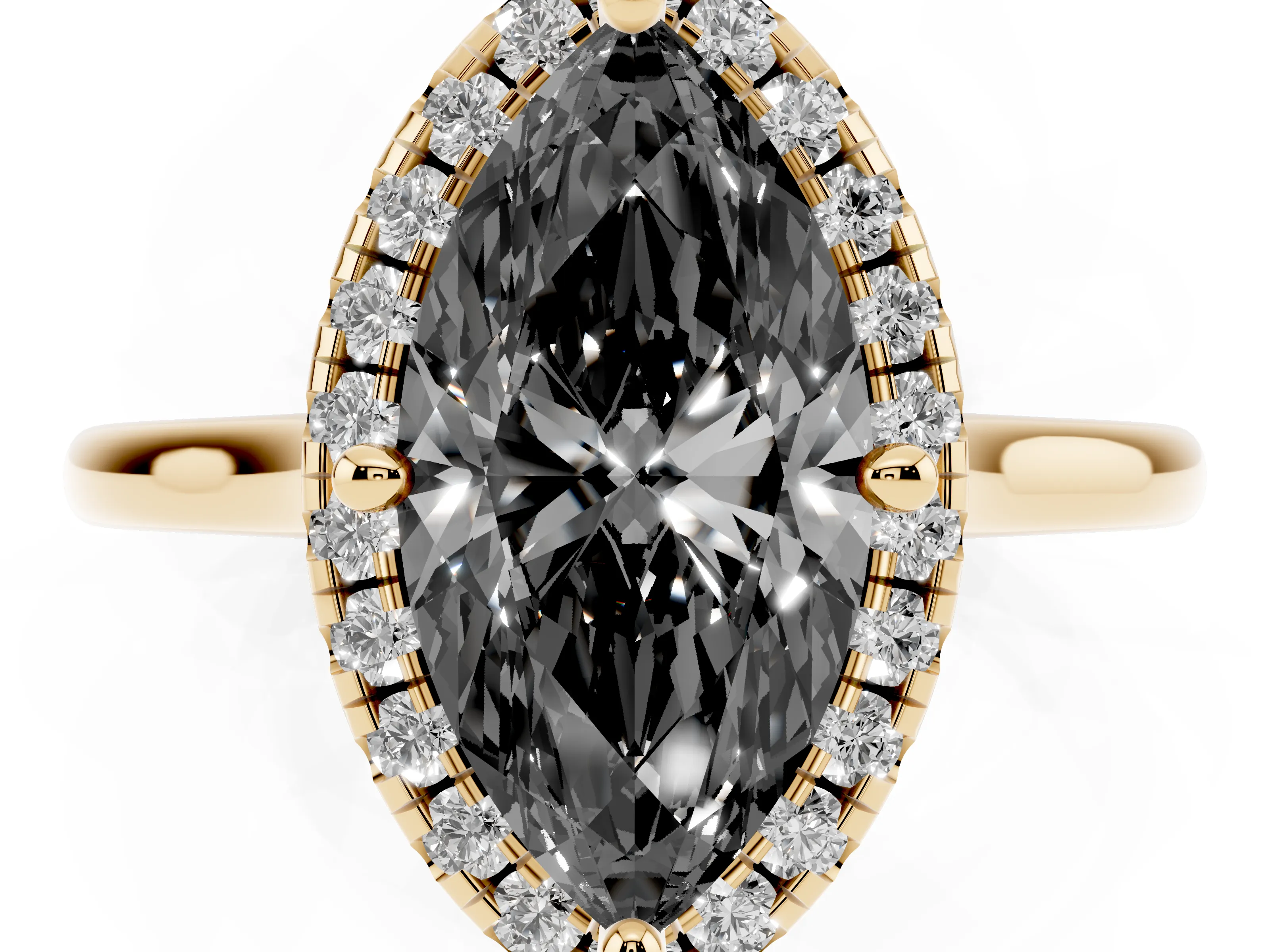 Fancy Black Marquise Cut Diamond Halo Engagement Ring Set in Yellow gold with Pavé Band and Rising Shoulders