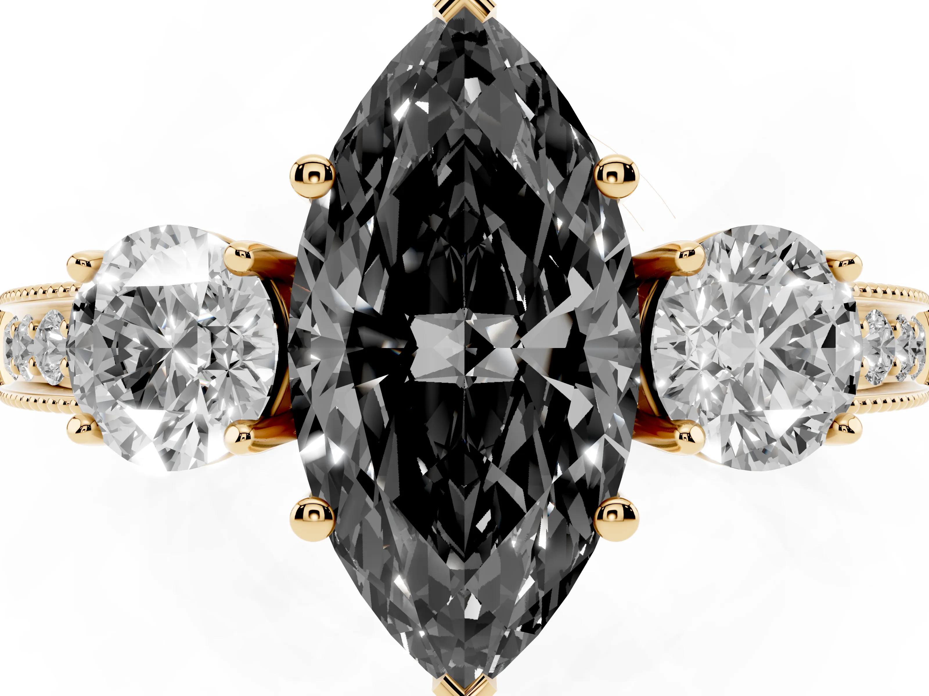 Fancy Black Marquise Cut Diamond Three-Stone Ring Set in Yellow gold with Round Side Stones and Pavé Band