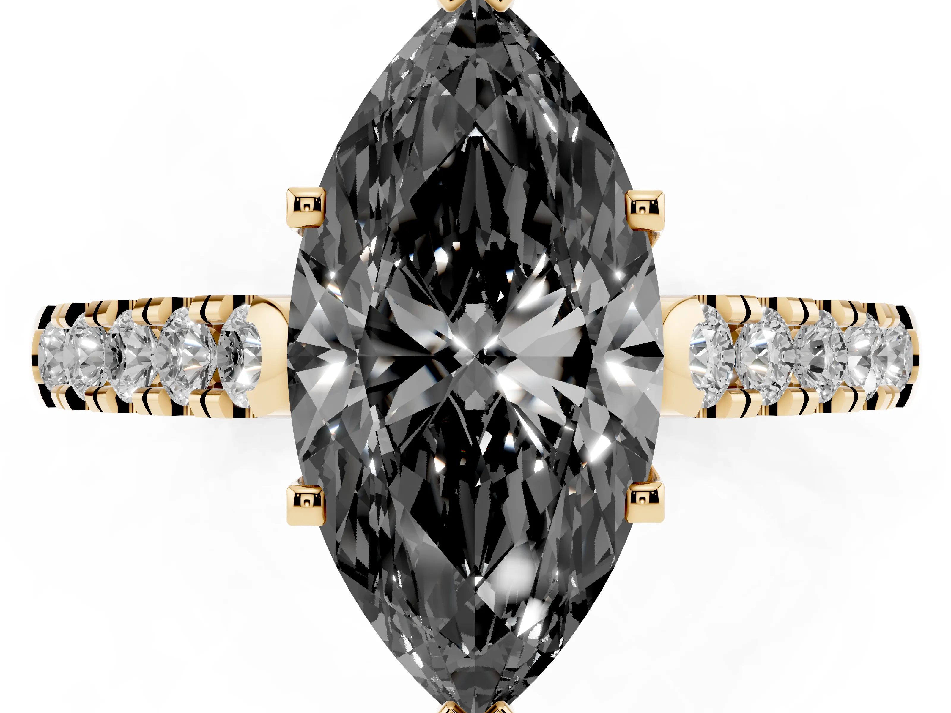 Fancy Black Marquise Cut Diamond Pavé Band Solitaire Ring Set in Yellow gold with Partway Accent Stones and Prong Setting