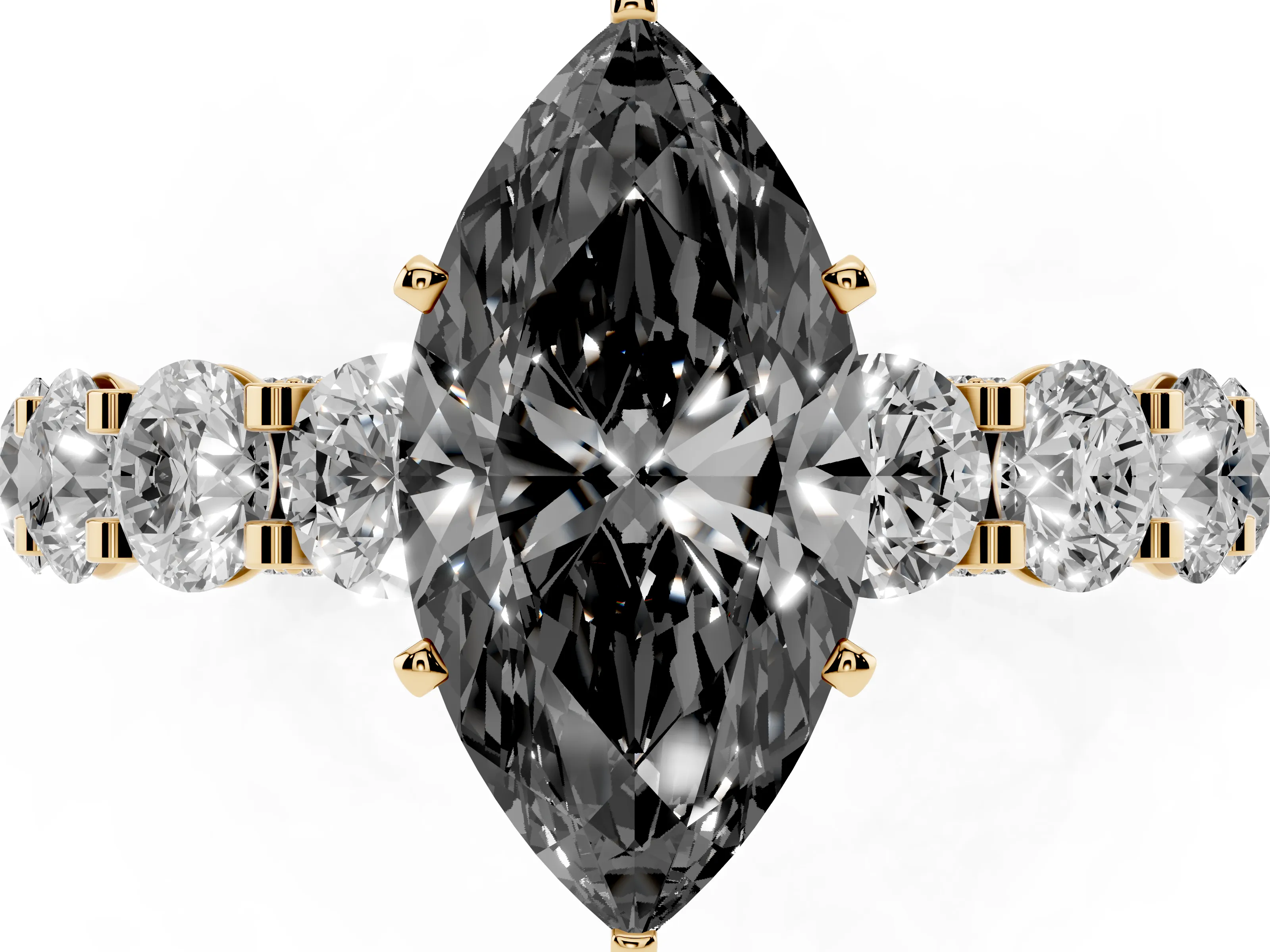 Fancy Black Marquise Cut Diamond Side Stone Ring Set in Yellow gold with Alternating Round and Oval Side Stones