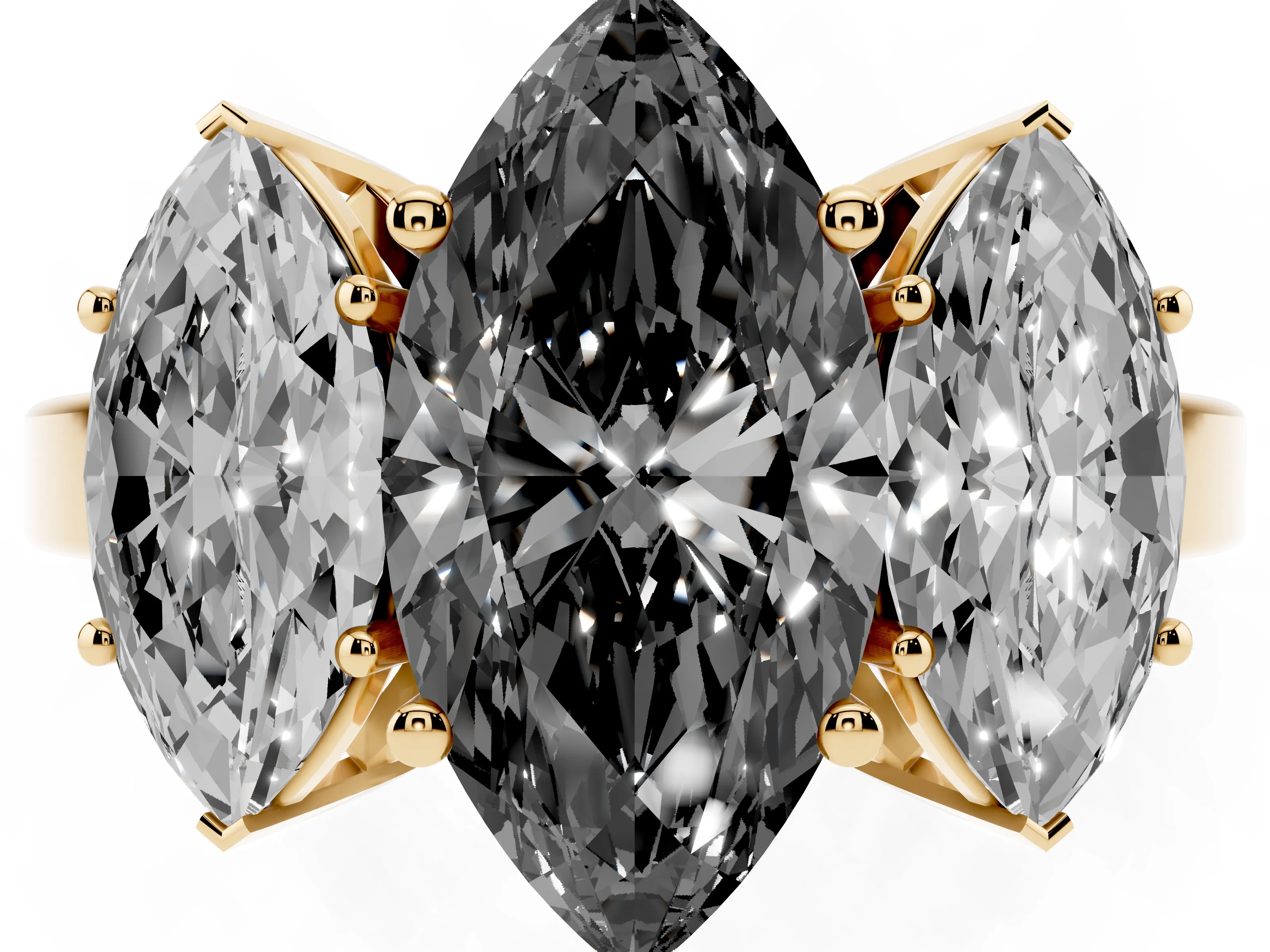 Fancy Black Marquise Cut Diamond Three-Stone Engagement Ring Set in Yellow gold with Flat Band