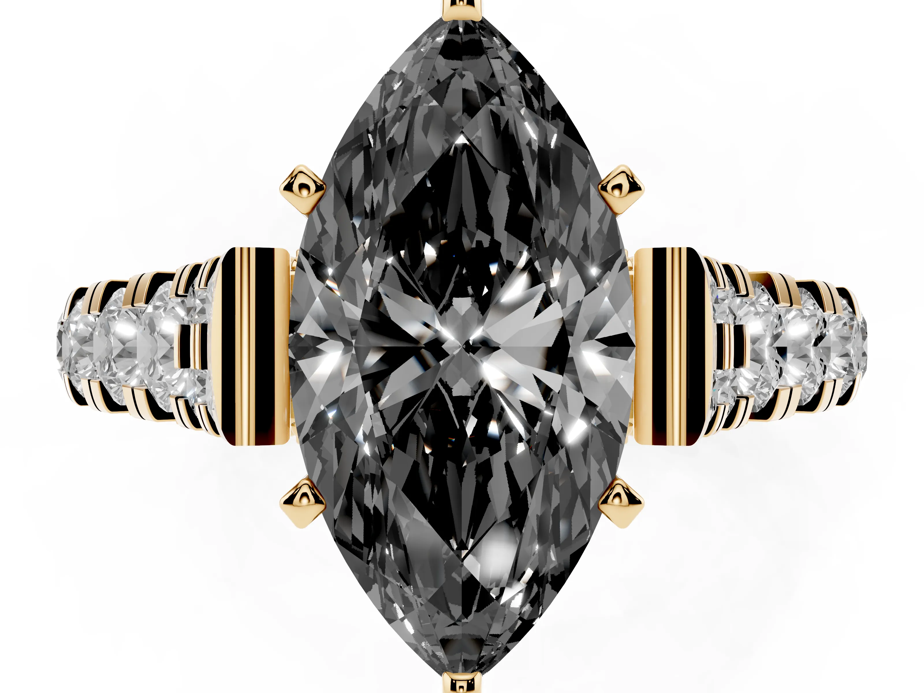 Fancy Black Marquise Cut Diamond Classic Solitaire Ring Set in Yellow gold with Pavé Band and Prong Setting