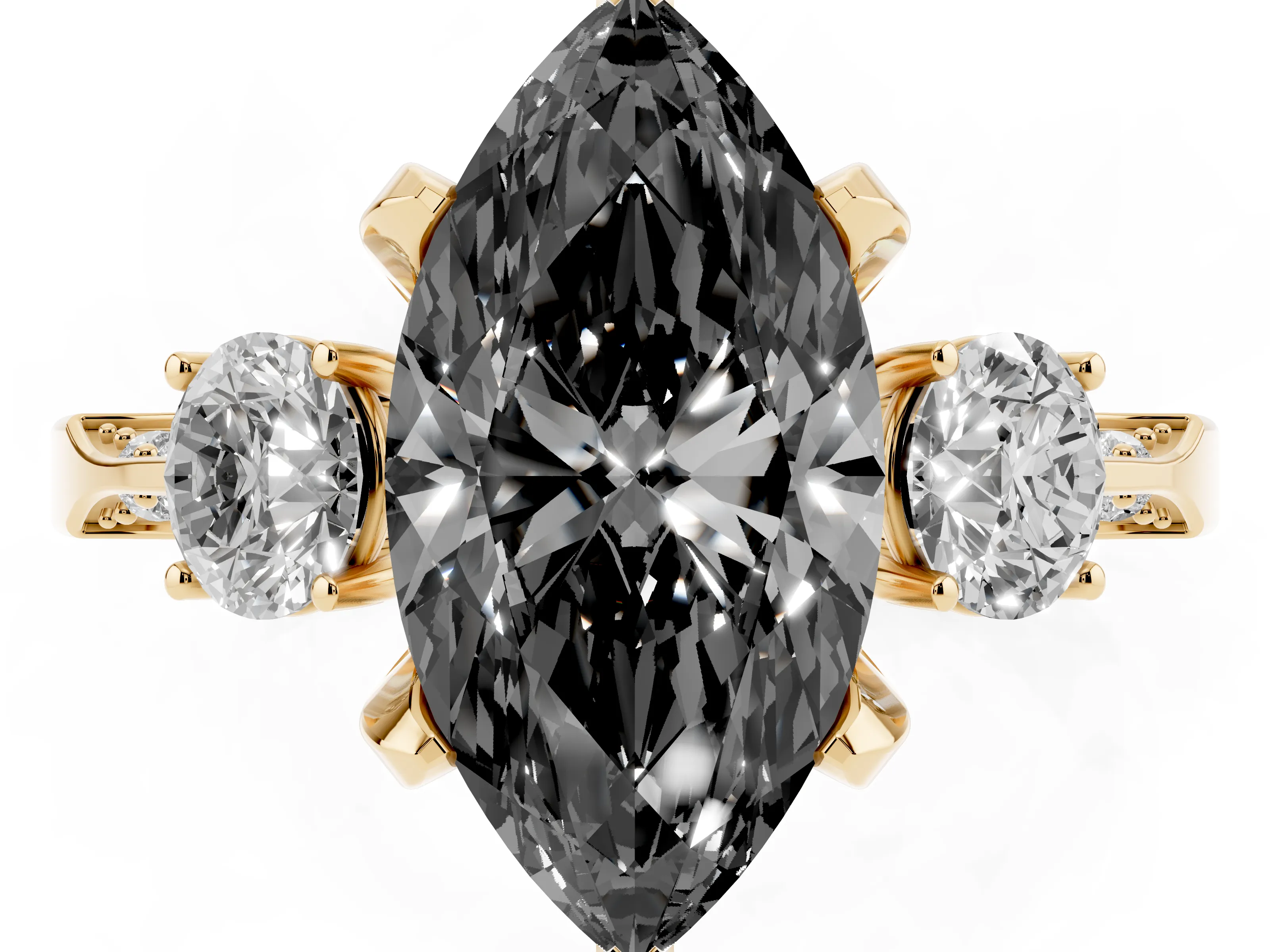 Fancy Black Marquise Cut Diamond Three-Stone Ring Set in Yellow gold with Pavé Band and Smaller Side Stones