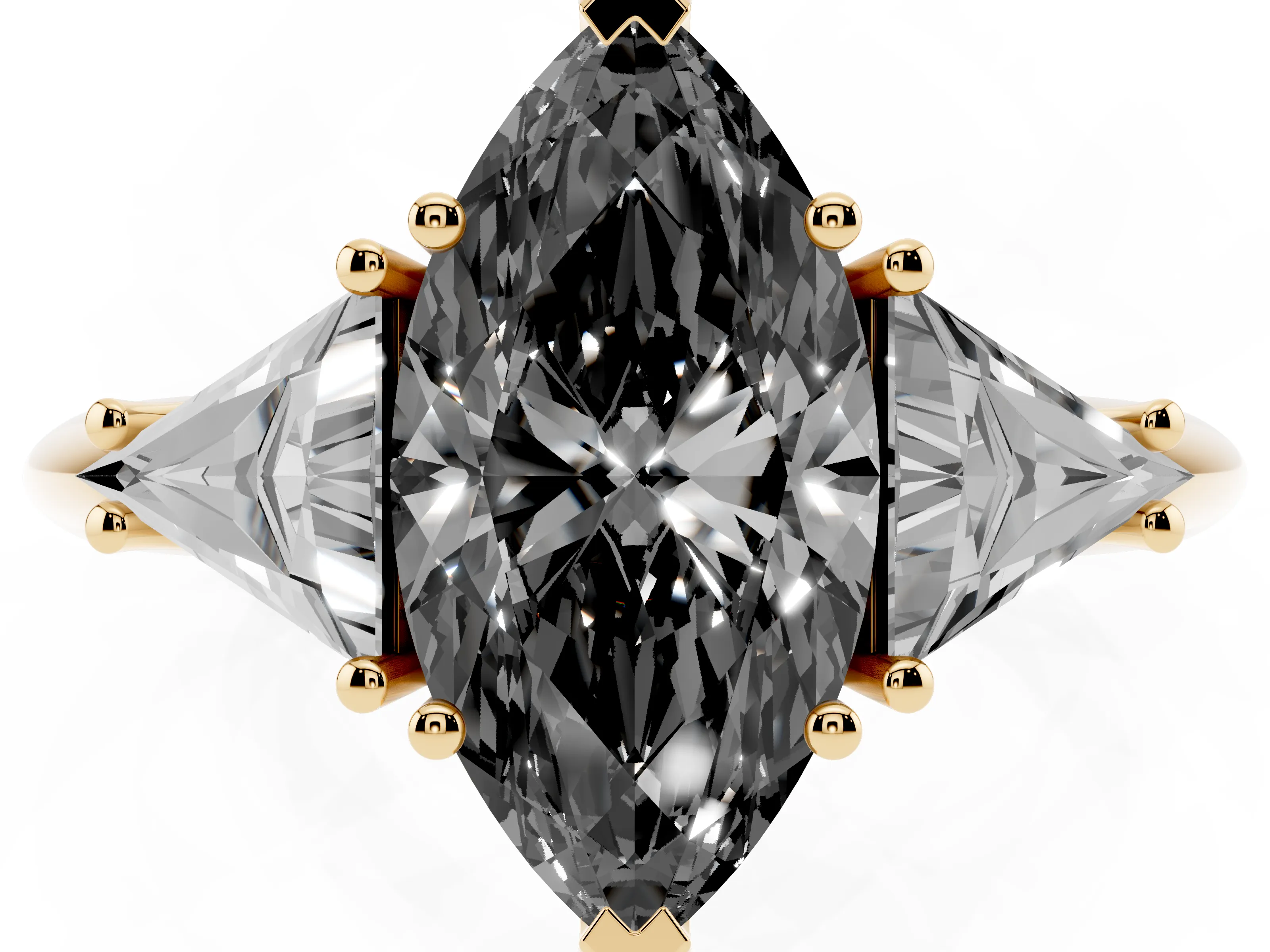 Fancy Black Marquise Cut Diamond Three-Stone Engagement Ring Set in Yellow gold with Trillion Side Stones