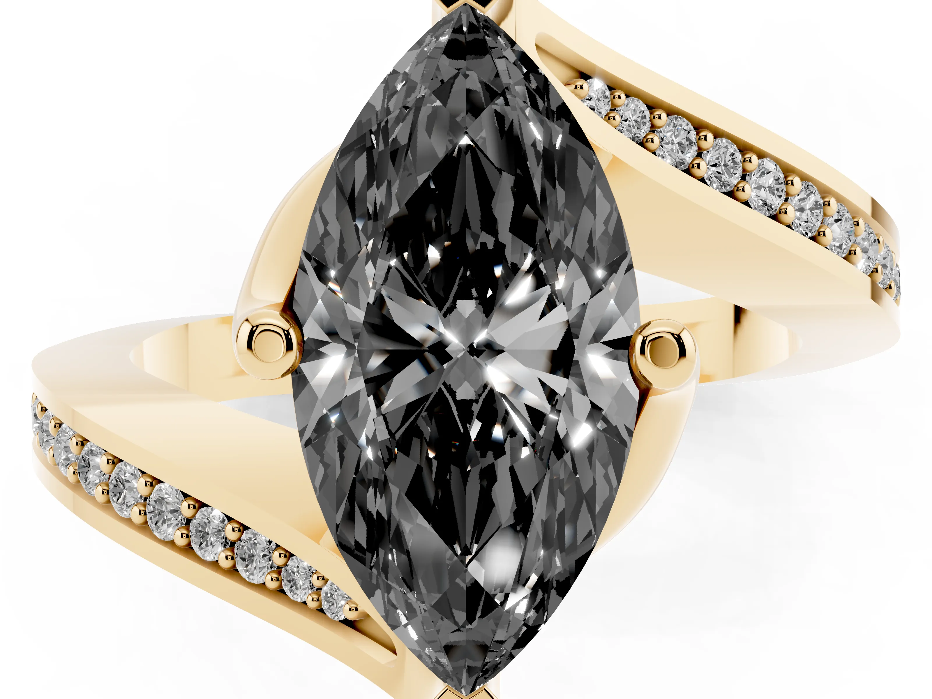 Fancy Black Marquise Cut Diamond Solitaire Ring Set in Yellow gold with Intertwined Pavé Twist Band