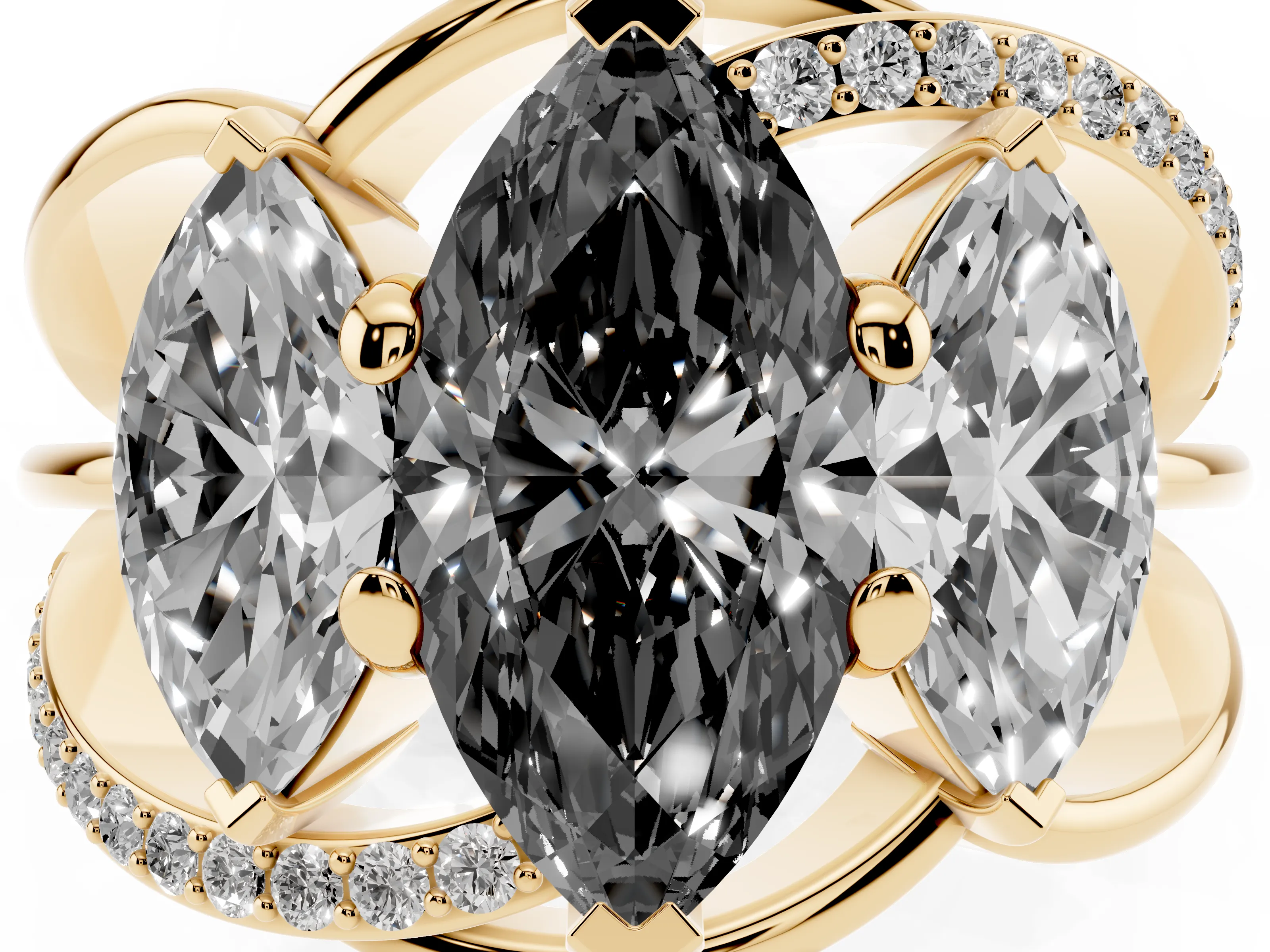 Fancy Black Marquise Cut Diamond Three-Stone Ring Set in Yellow gold with Split Shank and Prong Setting
