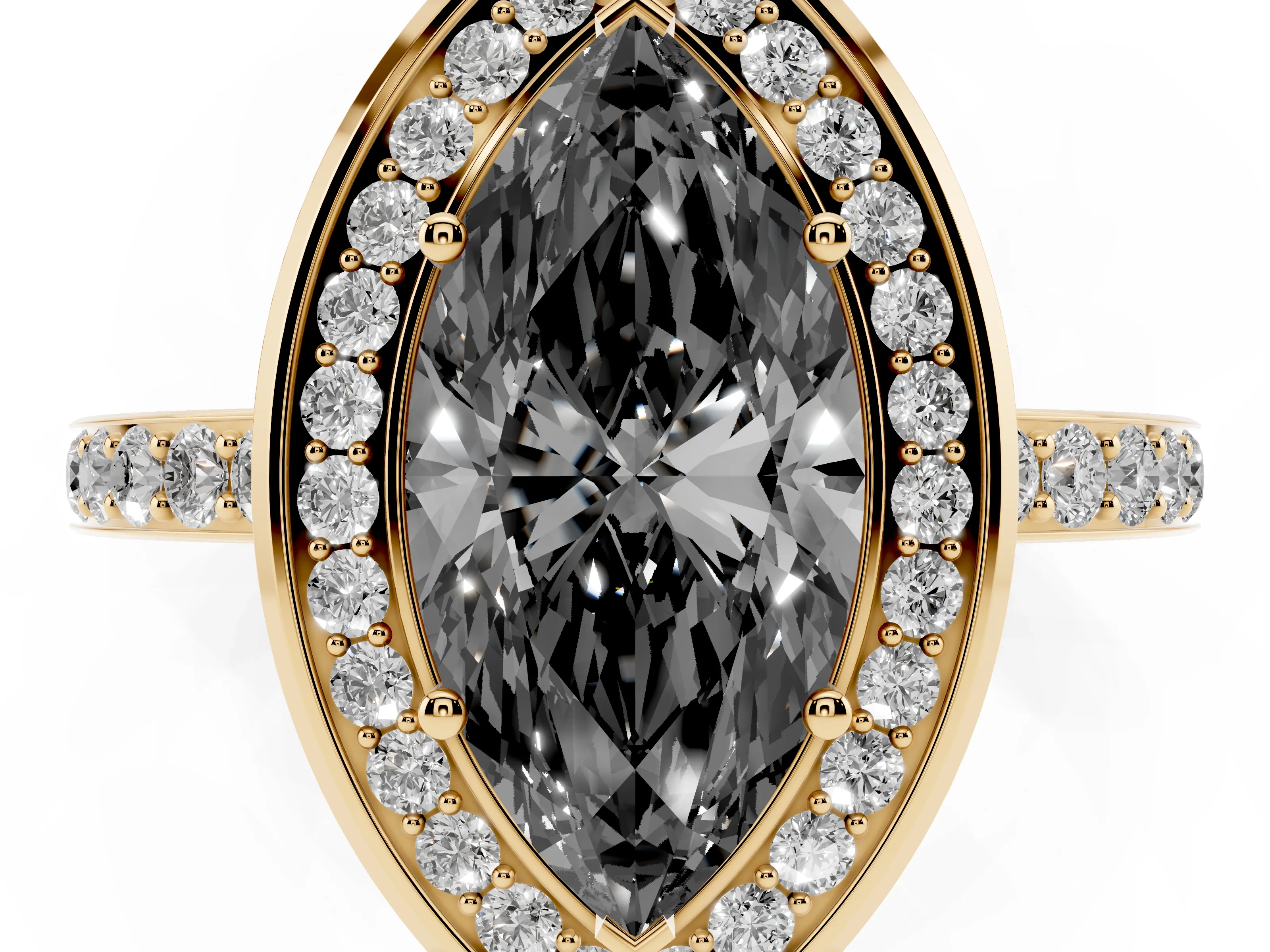 Fancy Black Marquise Cut Diamond Halo Ring Set in Yellow gold with Bezel Frame and Pavé Band