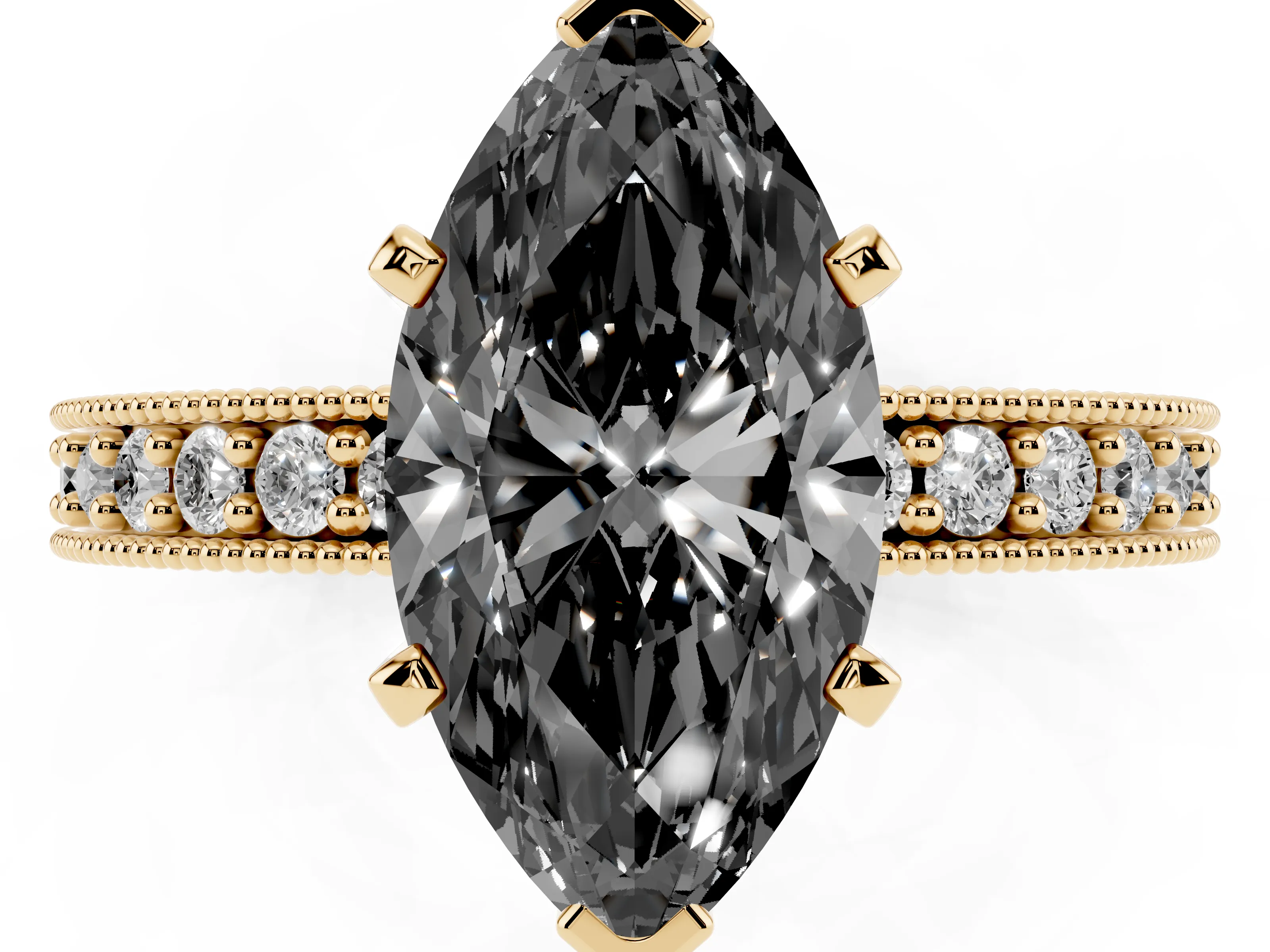 Fancy Black Marquise Cut Diamond Milgrain Pavé Engagement Ring Set in Yellow gold with Prong Setting