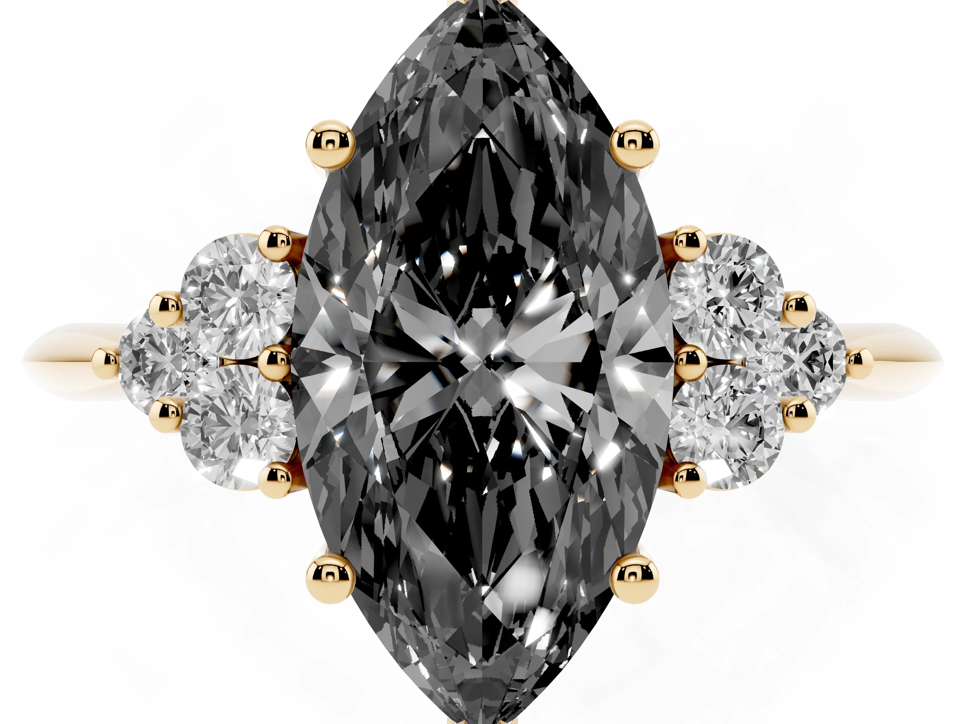 Fancy Black Marquise Cut Diamond Cluster Ring Set in Yellow gold with Plain Band and Prong Setting