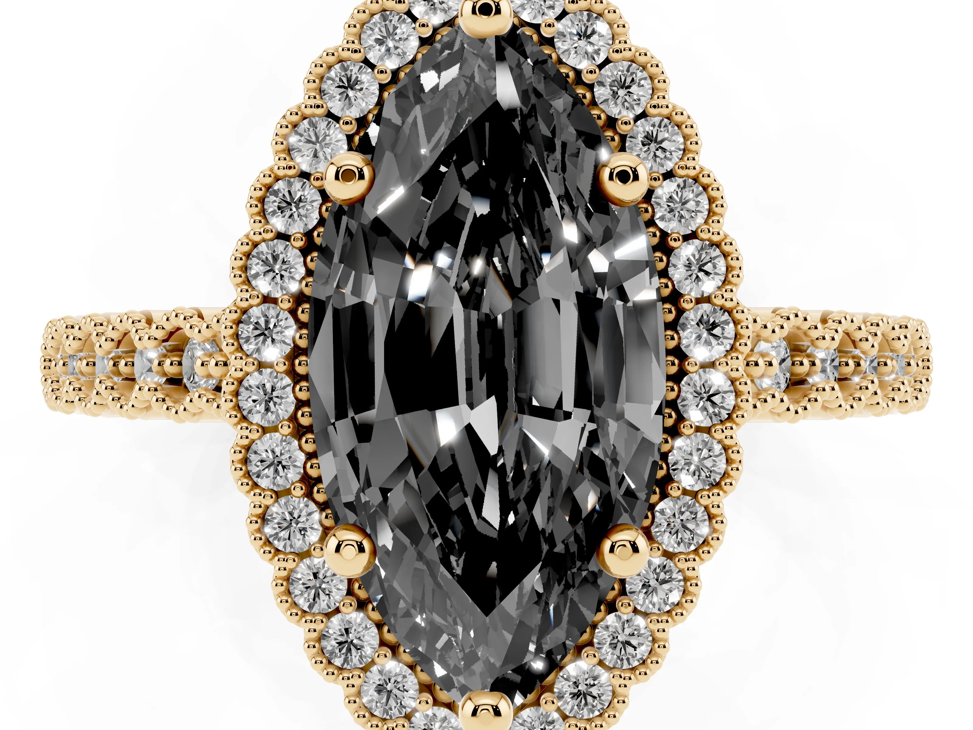 Fancy Black Marquise Cut Diamond Halo Ring Set in Yellow gold with Pavé Milgrain Band