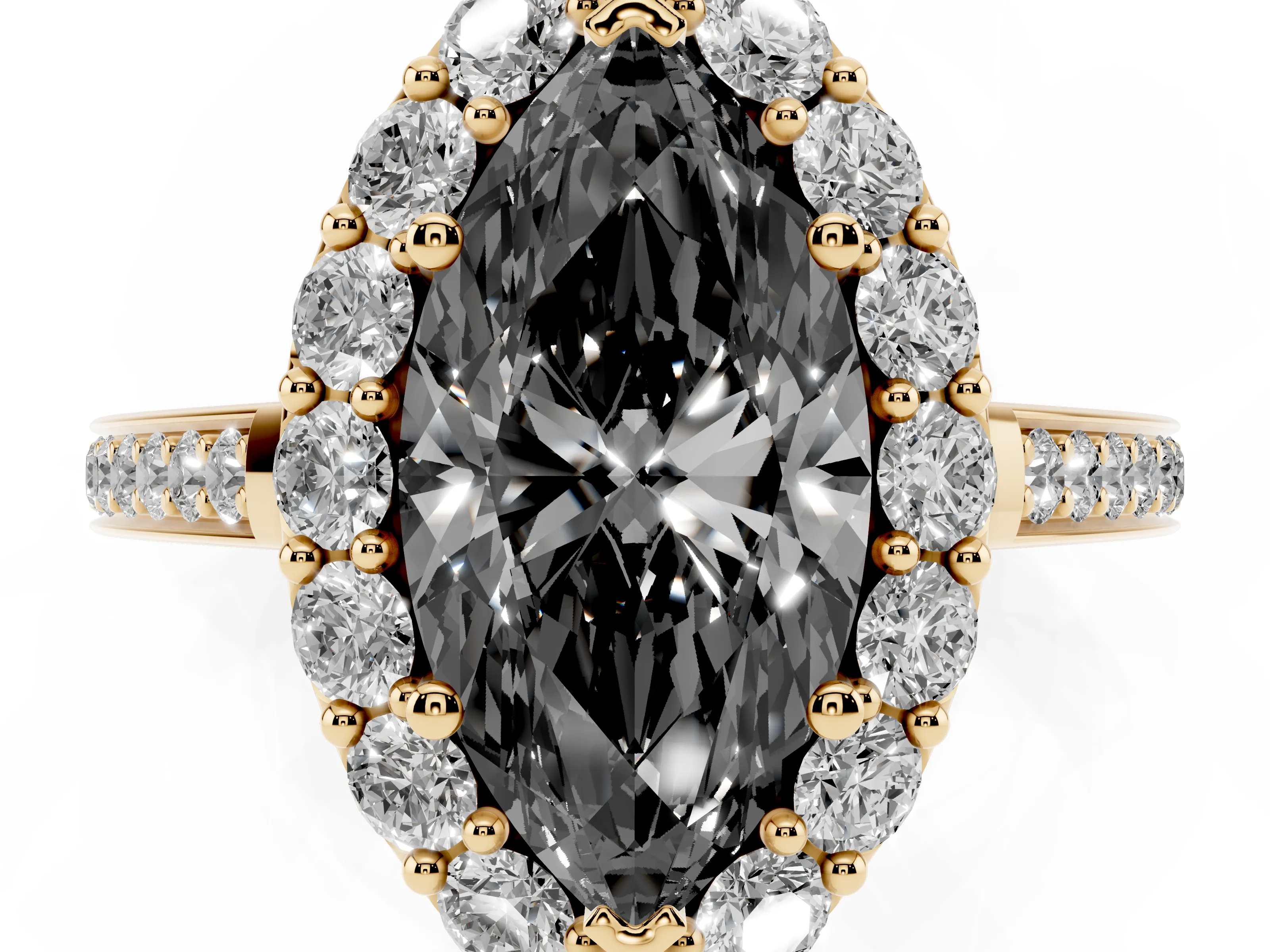 Fancy Black Marquise Cut Diamond Floral Halo Ring Set in Yellow gold with Pavé Band and Prong Setting