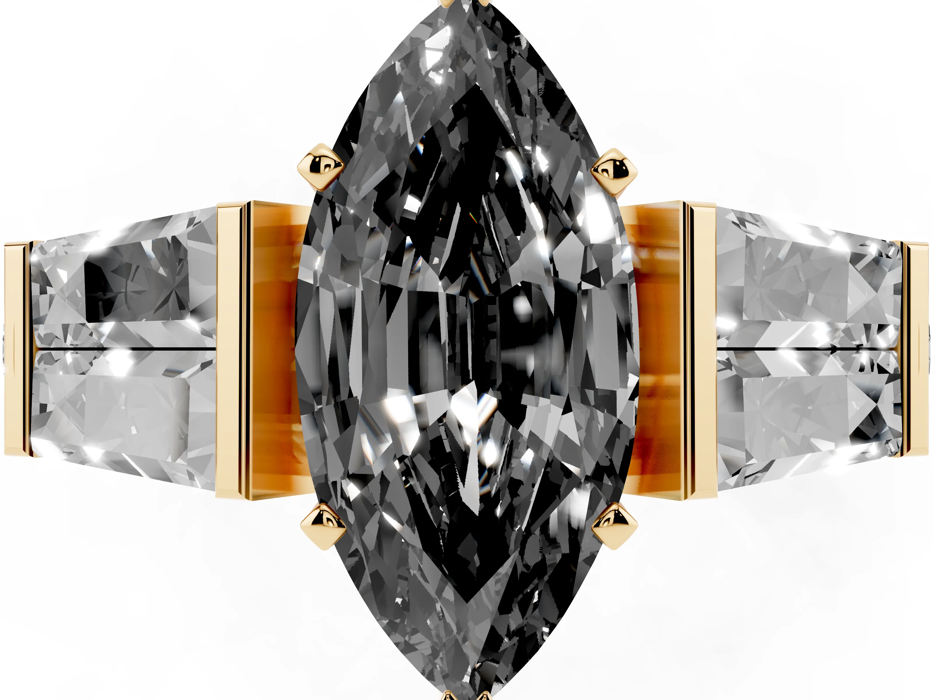 Fancy Black Marquise Cut Diamond Engagement Ring Set in Yellow gold with Baguette Side Stones and Channel Set Band