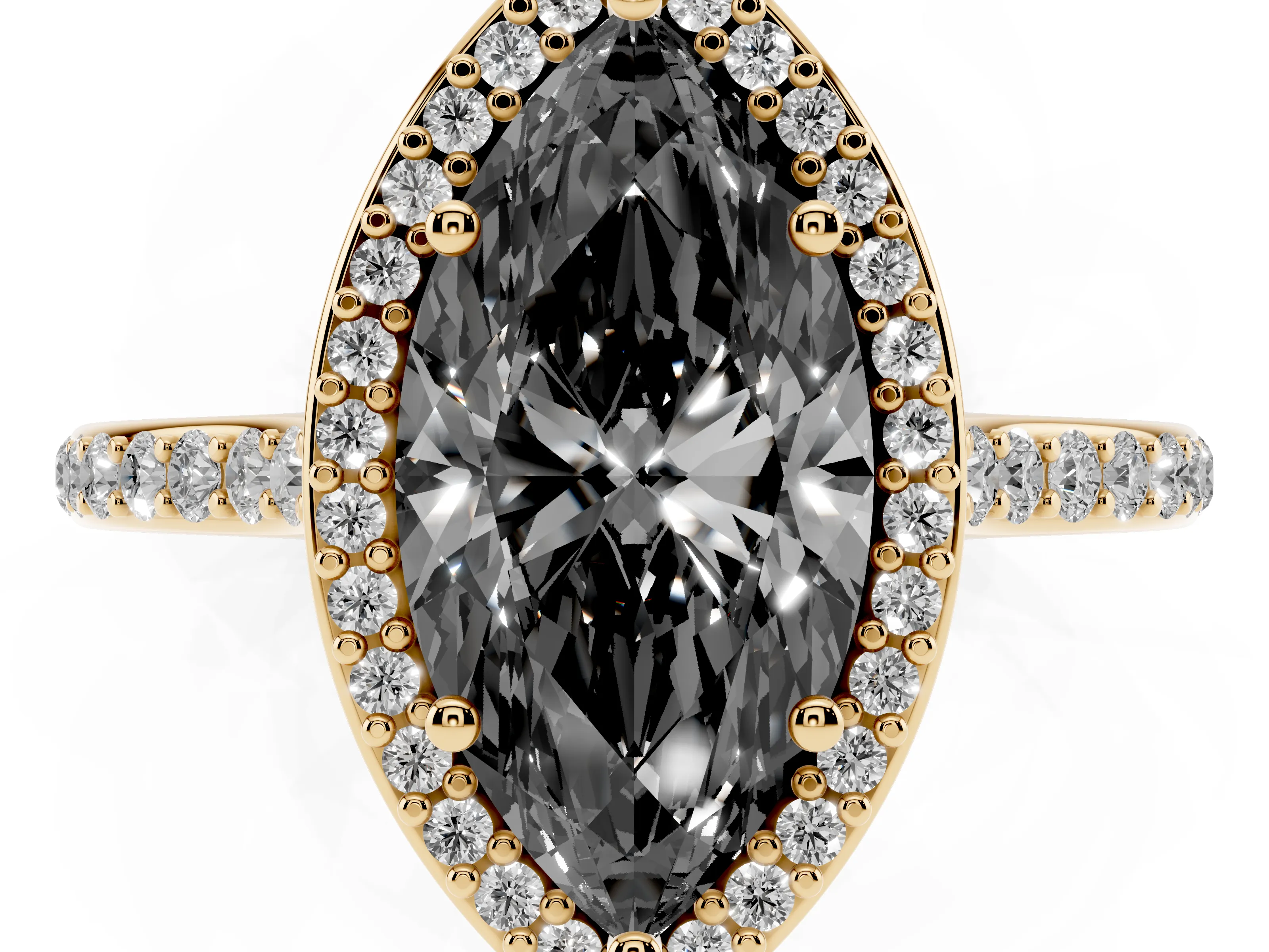 Fancy Black Marquise Cut Diamond Halo Engagement Ring Set in Yellow gold with Round Pavé Shoulders and Heart Gallery