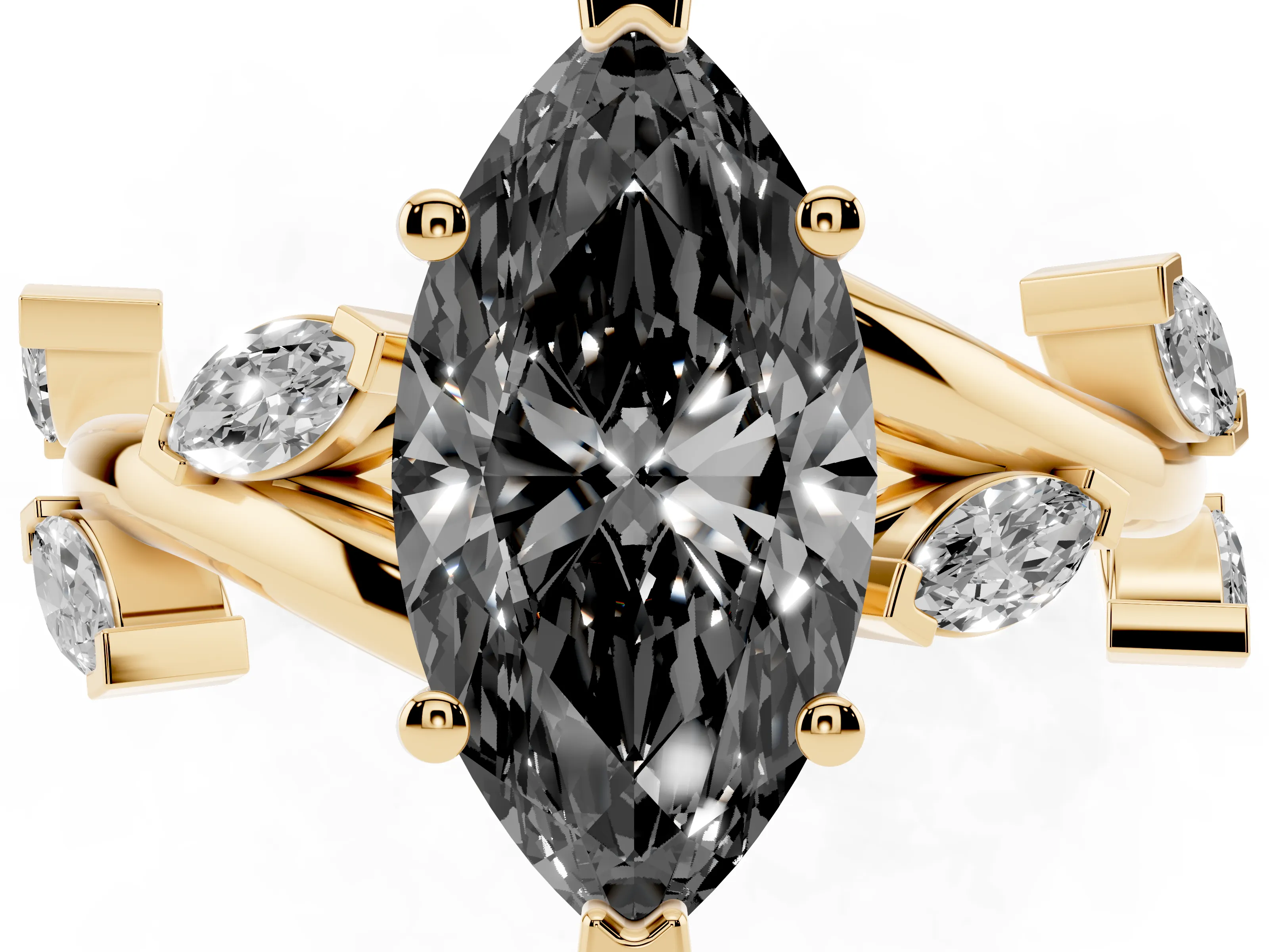 Fancy Black Marquise Cut Diamond Solitaire Ring Set in Yellow gold with Twisted Marquise Accent Band