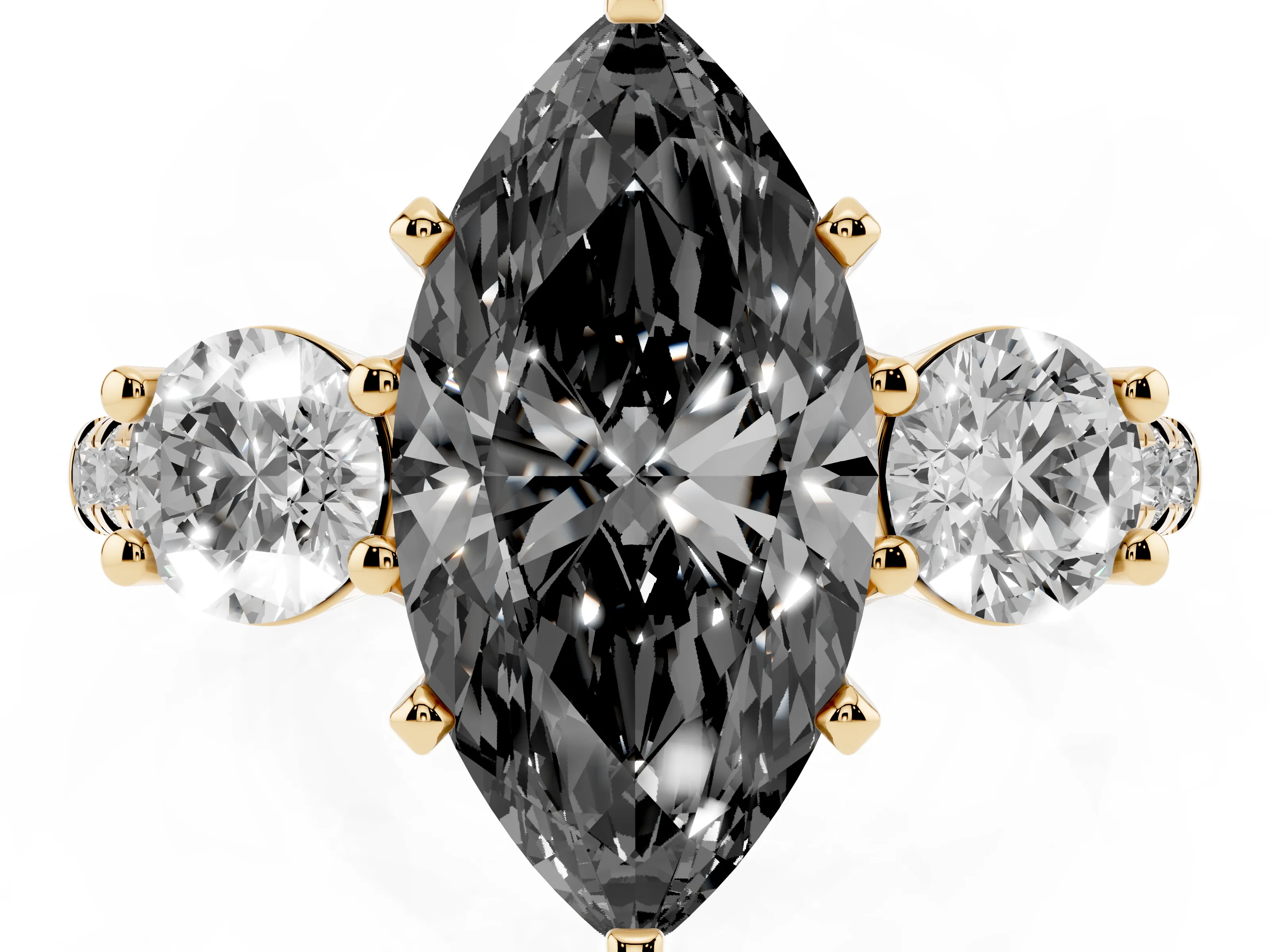 Fancy Black Three-Stone Marquise Cut Diamond Pavé Band Ring Set in Yellow gold with Prong-Set Trio