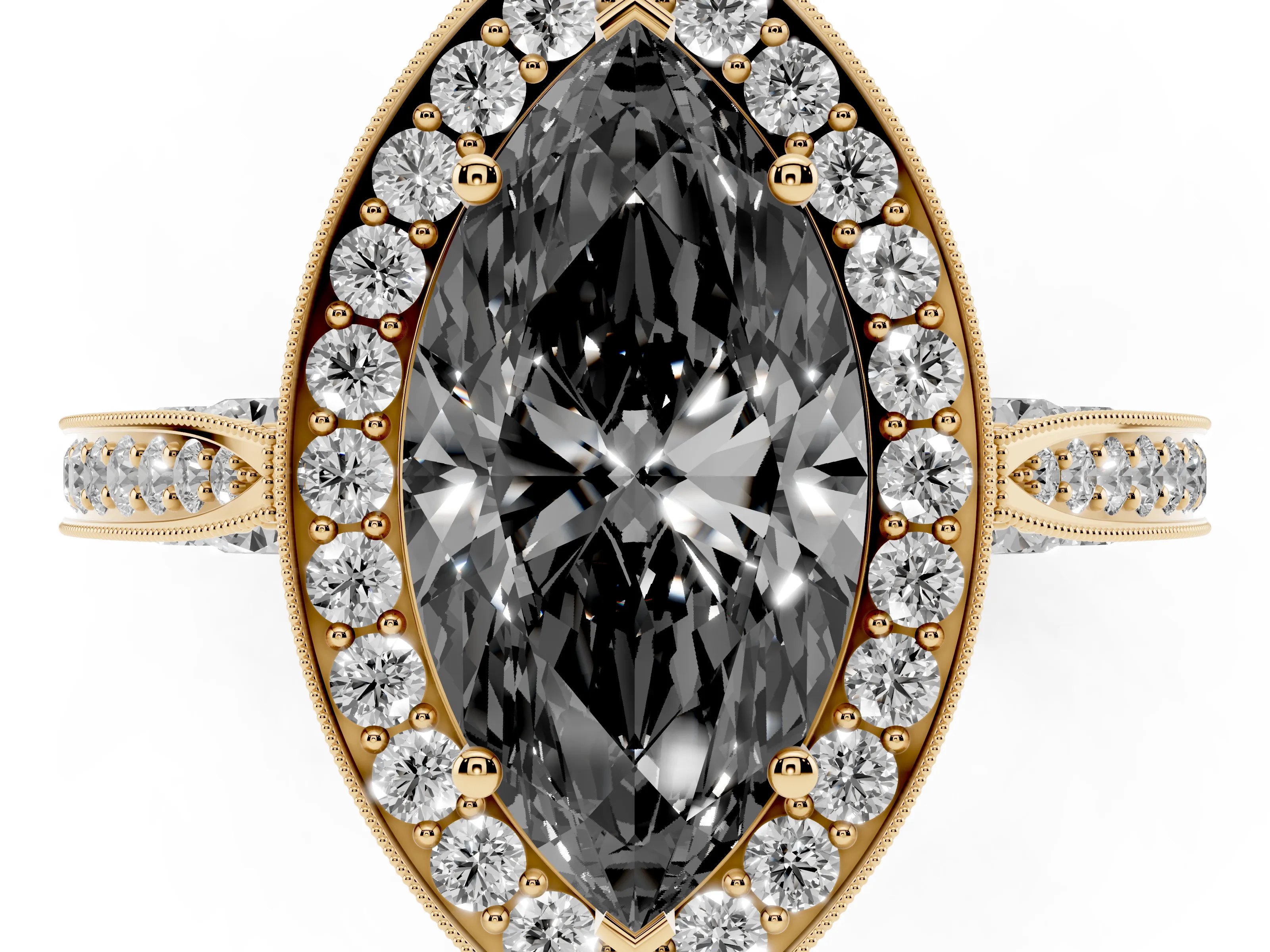 Fancy Black Marquise Cut Diamond Halo Engagement Ring Set in Yellow gold with Accent Split Shank Band