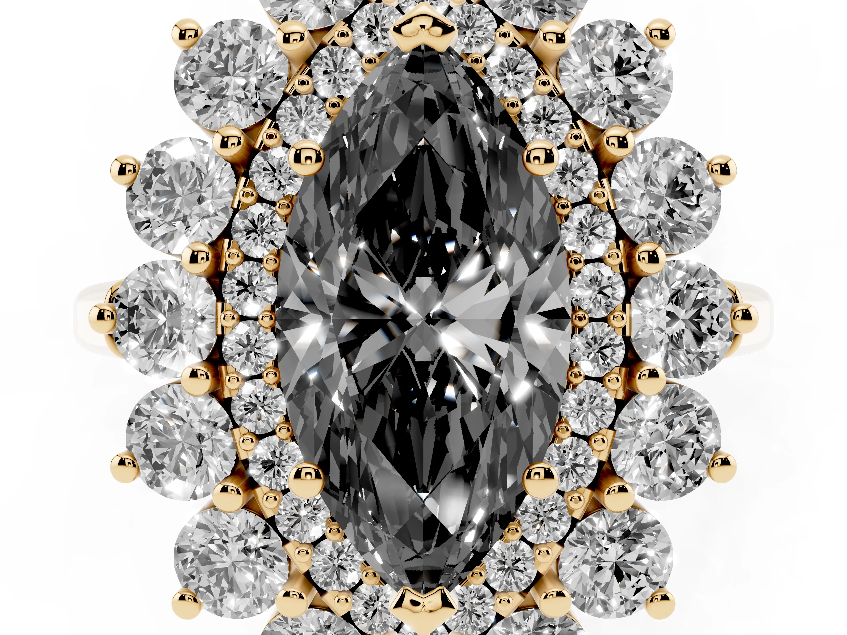 Fancy Black Marquise Cut Diamond Floral Double Halo Ring Set in Yellow gold with Round Petals