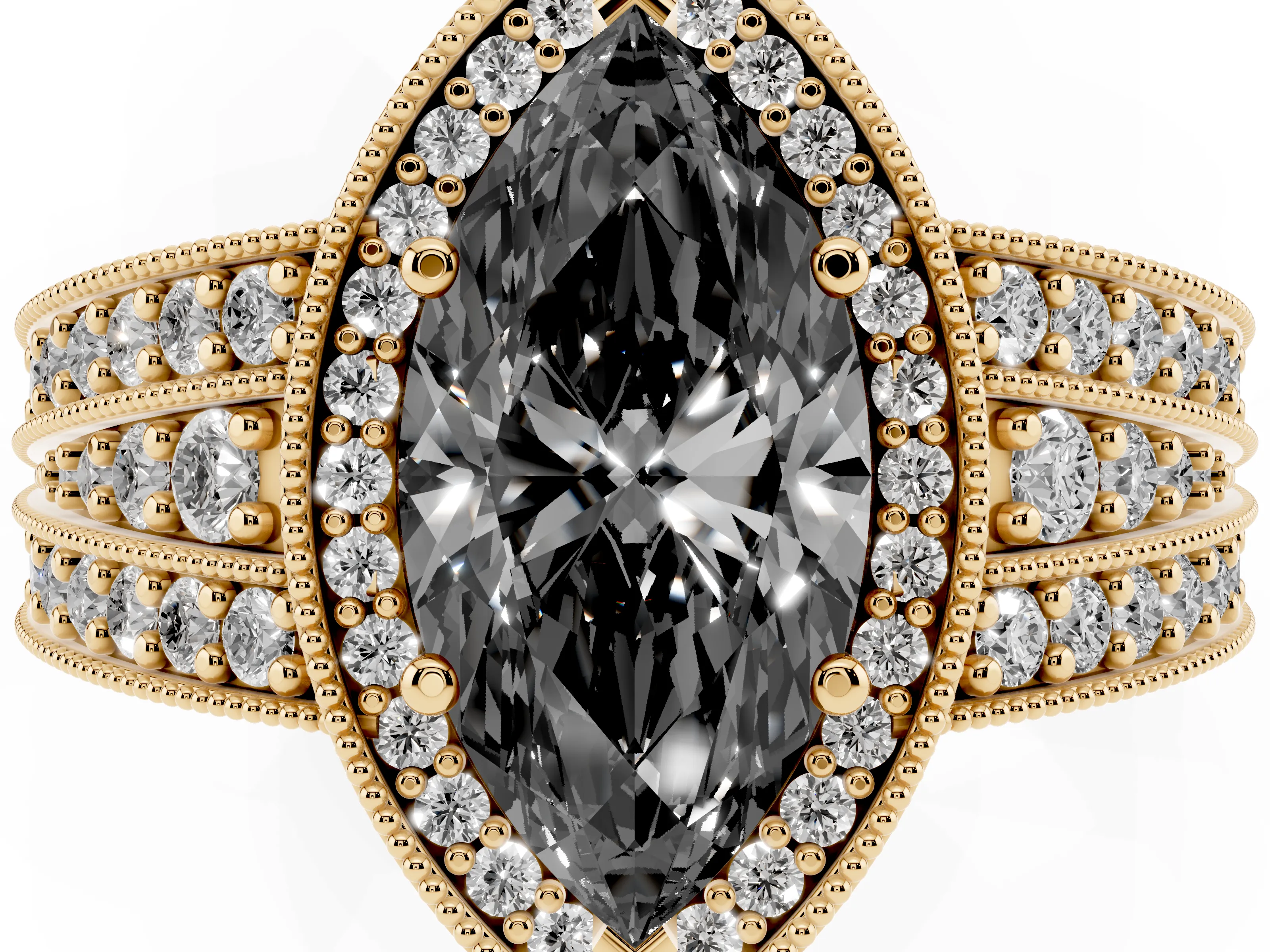 Fancy Black Marquise Cut Diamond Halo Ring Set in Yellow gold with Accent Split Shank and Prong Setting