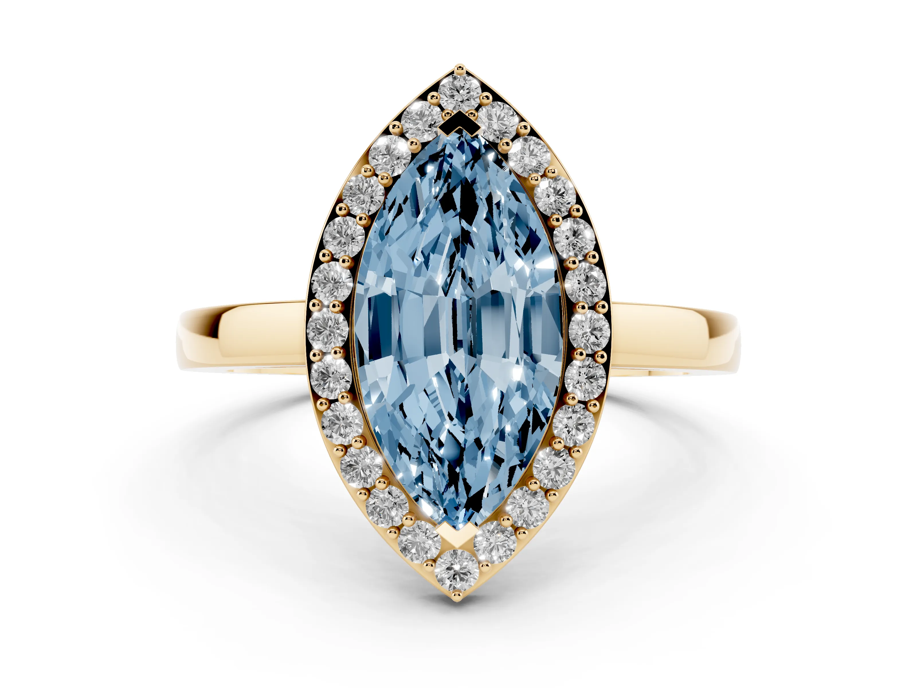 Fancy Blue Marquise Cut Diamond Halo Ring Set in Yellow gold with Solitaire Band and Prong Setting