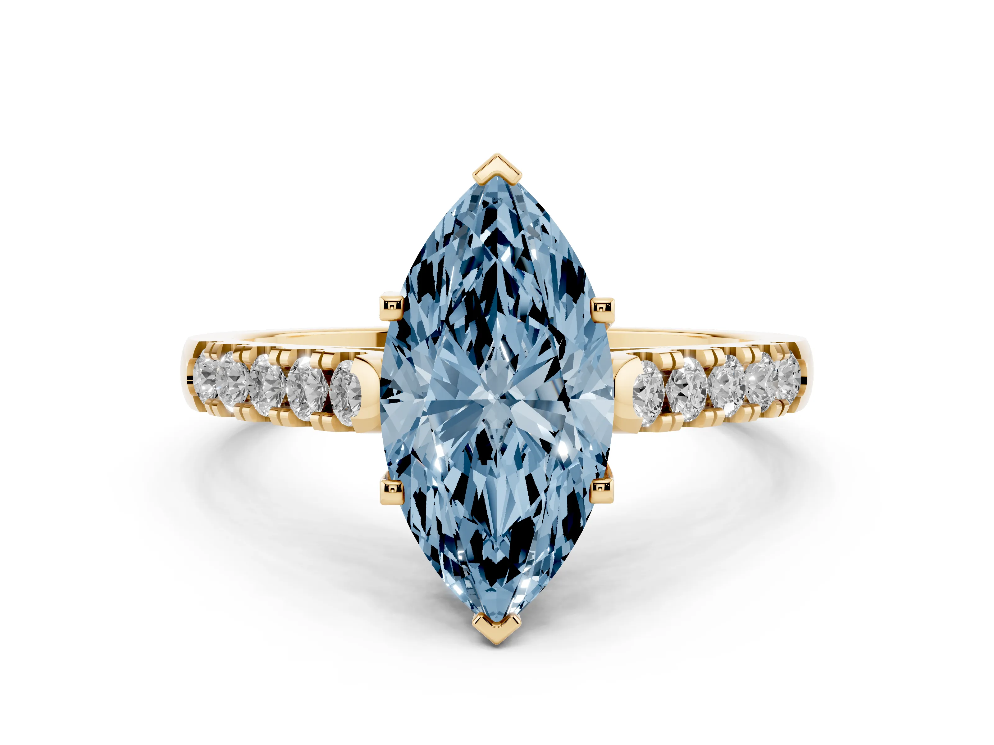 Fancy Blue Marquise Cut Diamond Pavé Band Solitaire Ring Set in Yellow gold with Partway Accent Stones and Prong Setting