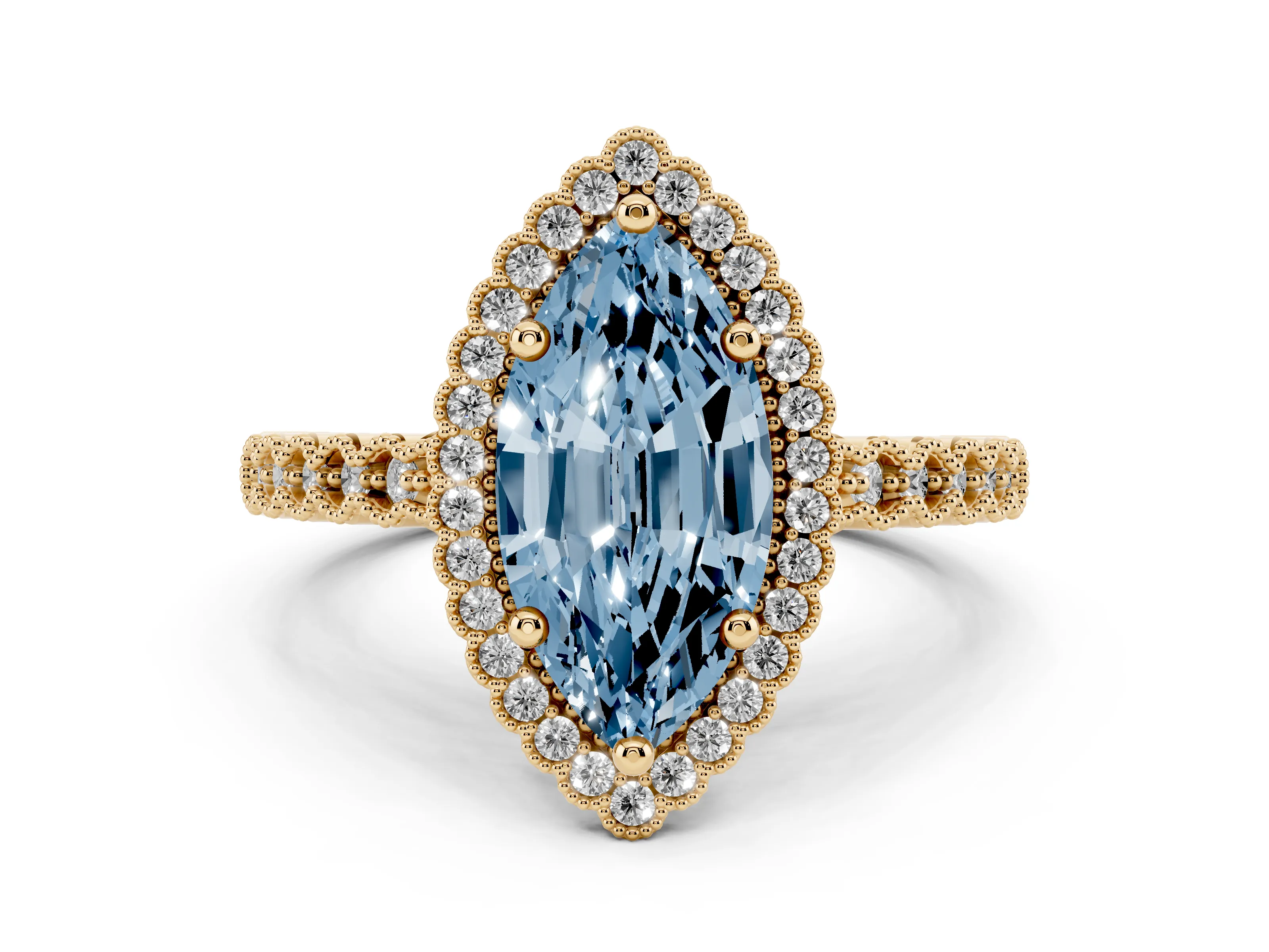 Fancy Blue Marquise Cut Diamond Halo Ring Set in Yellow gold with Pavé Milgrain Band