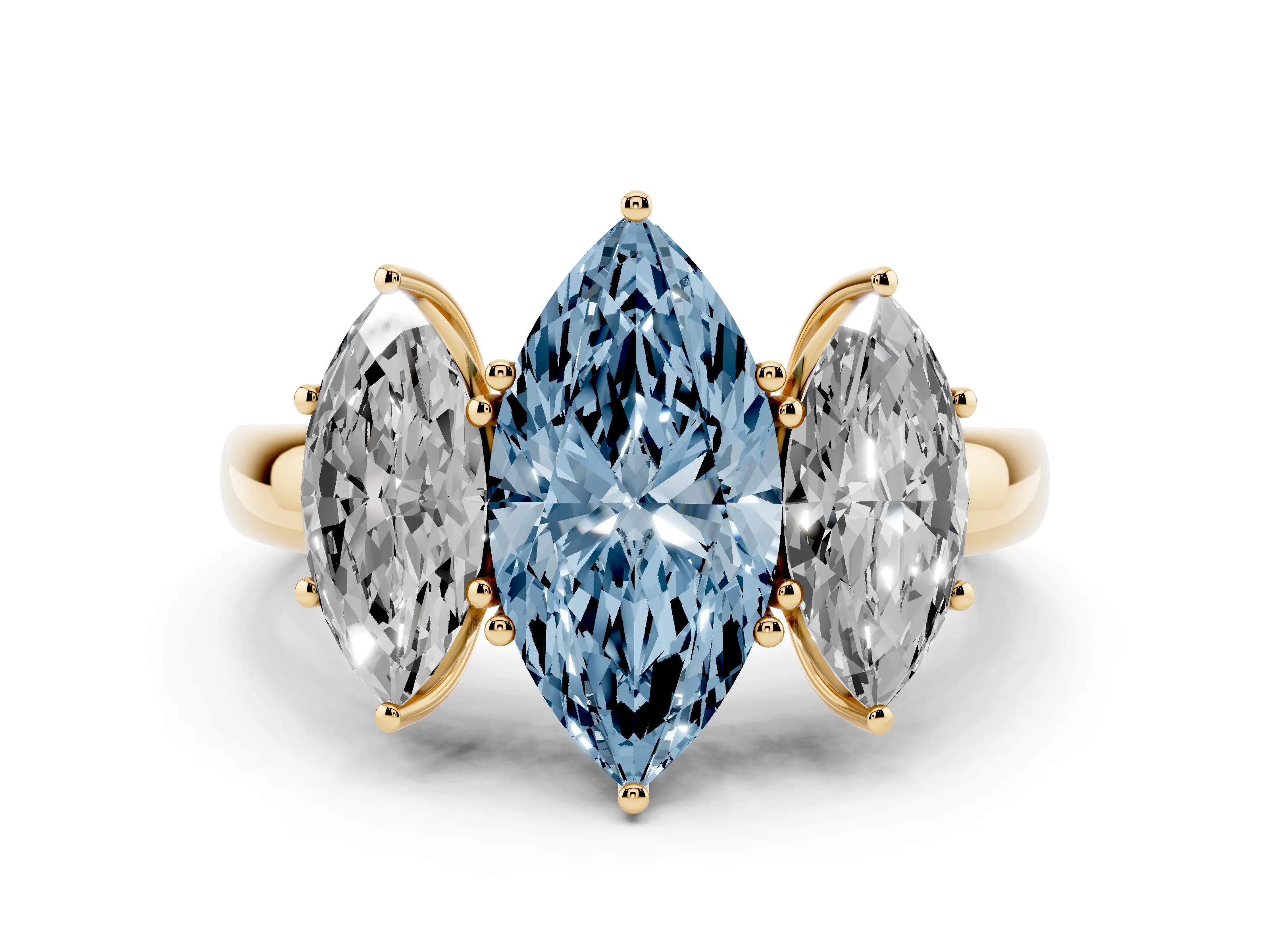 Fancy Blue Marquise Cut Diamond Three-Stone Ring Set in Yellow gold with Bold Center and Classic Band
