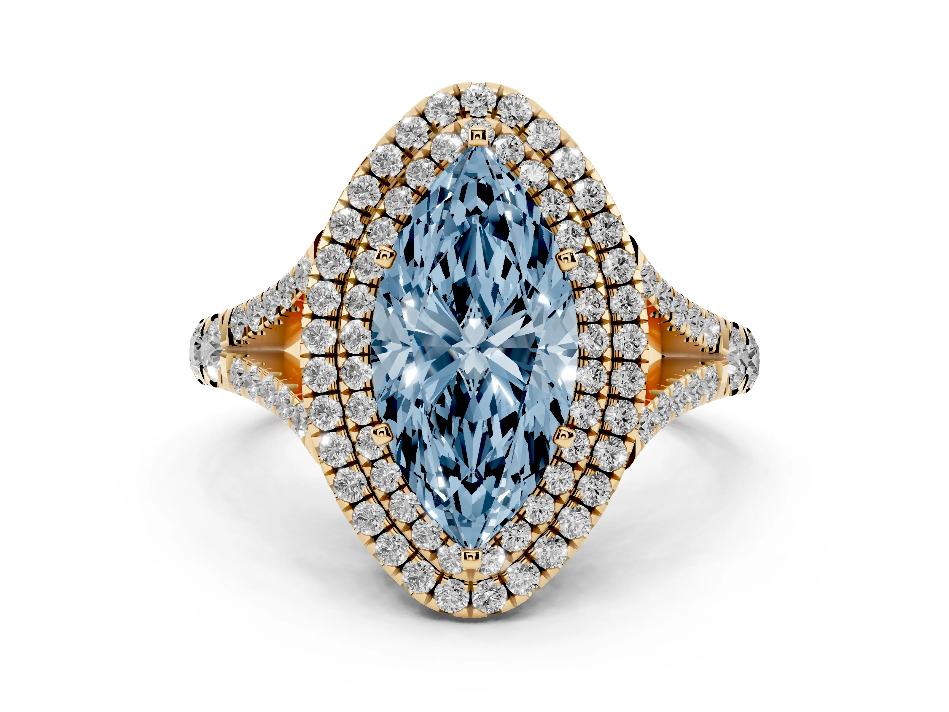 Fancy Blue Marquise Cut Diamond Pavé Split Shank Double Halo Engagement Ring Set in Yellow gold