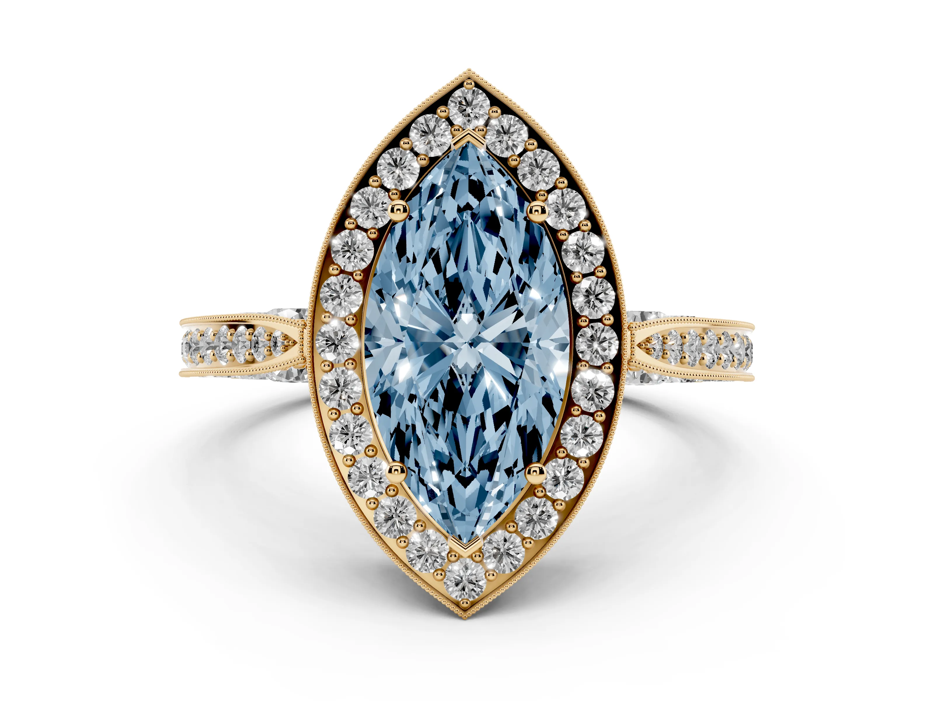 Fancy Blue Marquise Cut Diamond Halo Engagement Ring Set in Yellow gold with Accent Split Shank Band