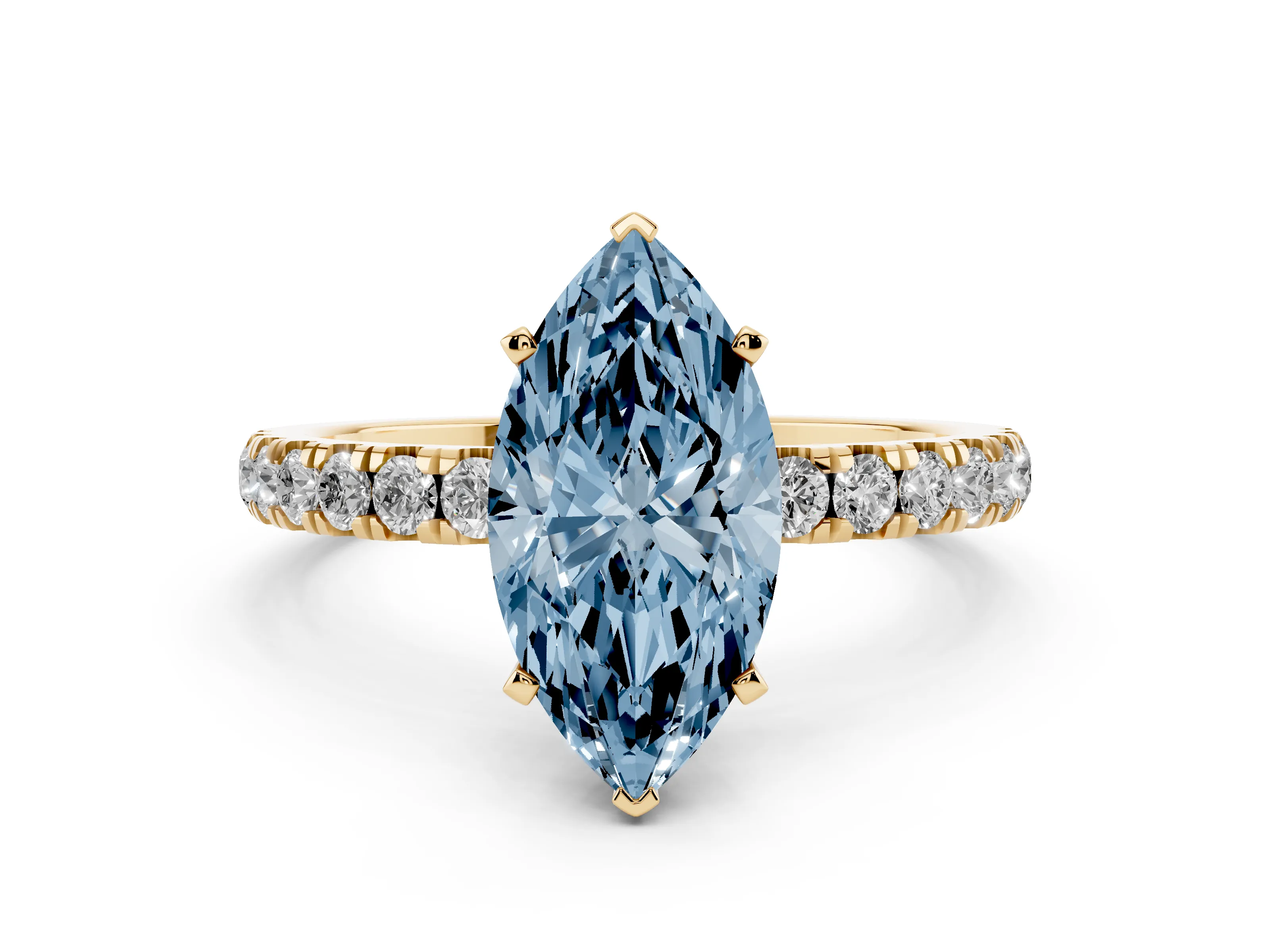 Fancy Blue Marquise Cut Diamond Solitaire Ring Set in Yellow gold with Pavé Accents and Prong Setting