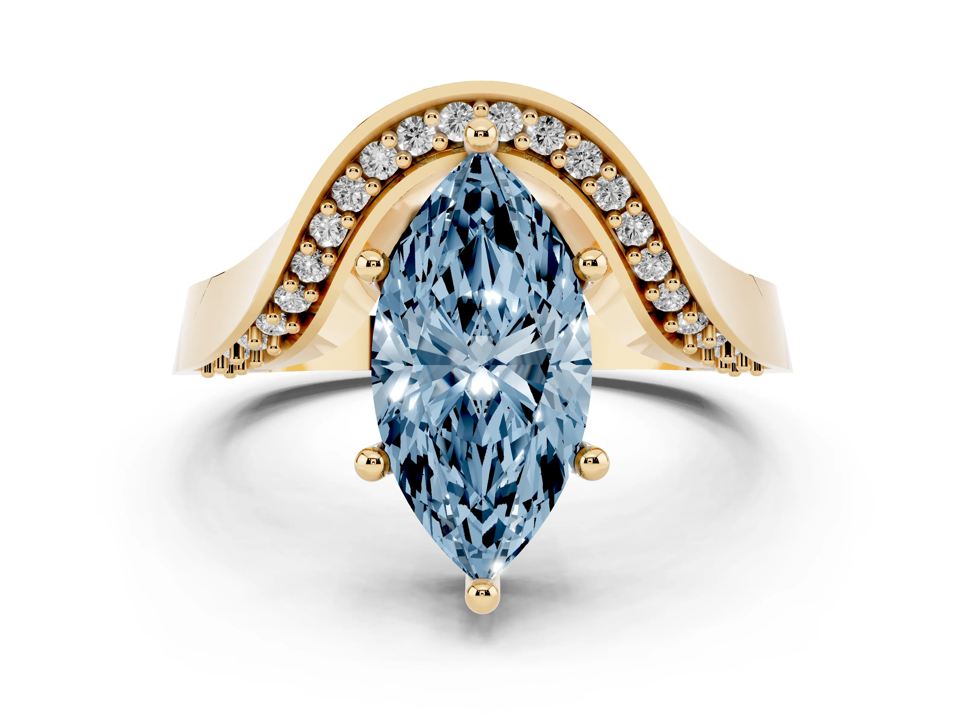 Fancy Blue Marquise Cut Diamond Solitaire Engagement Ring Set in Yellow gold with Pavé Shoulders