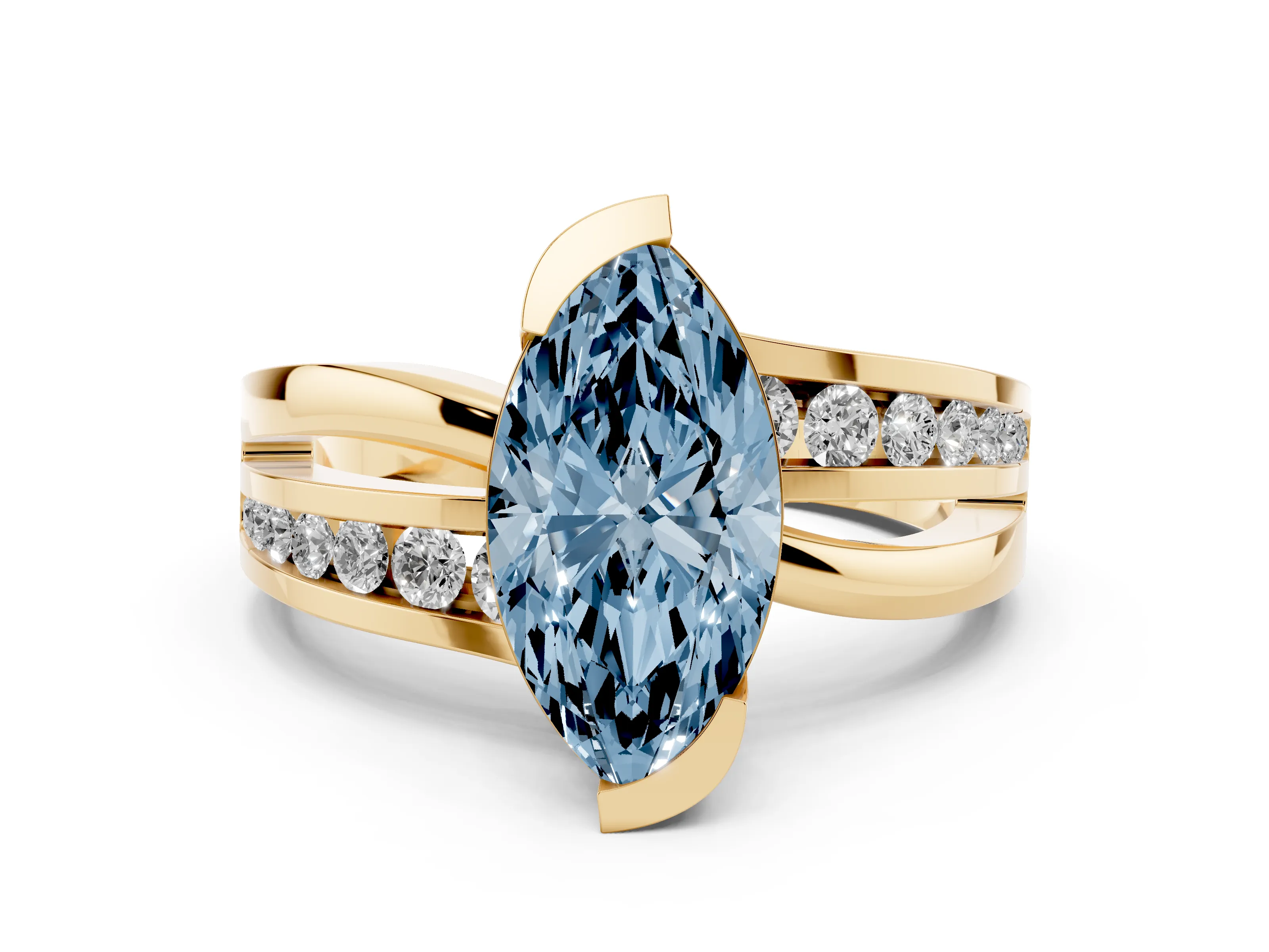 Fancy Blue Marquise Cut Diamond Solitaire Ring Set in Yellow gold with Channel Set Split Shank and Tension Prongs