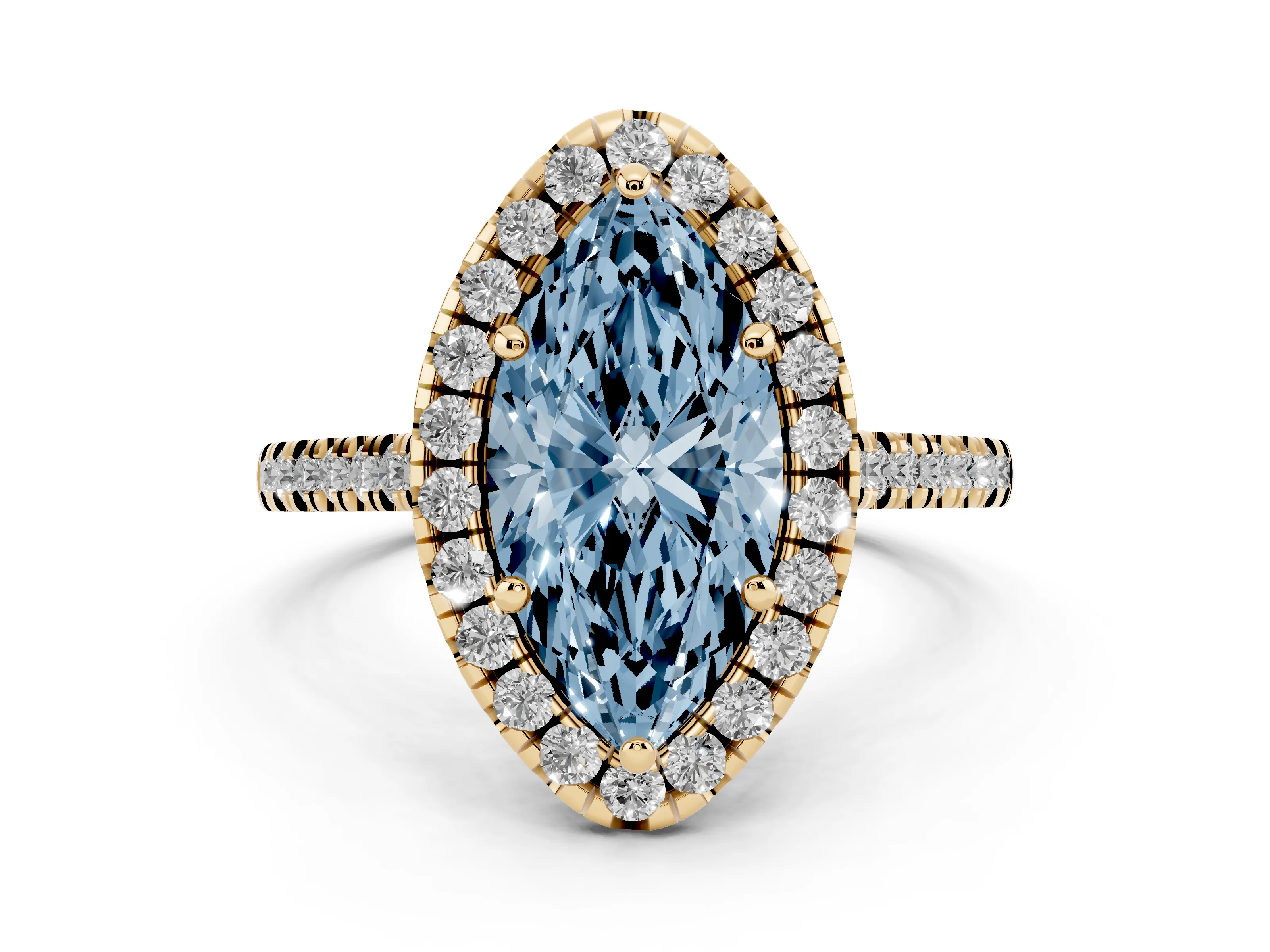 Fancy Blue Marquise Cut Diamond Cushion Halo Ring Set in Yellow gold with Pavé Band