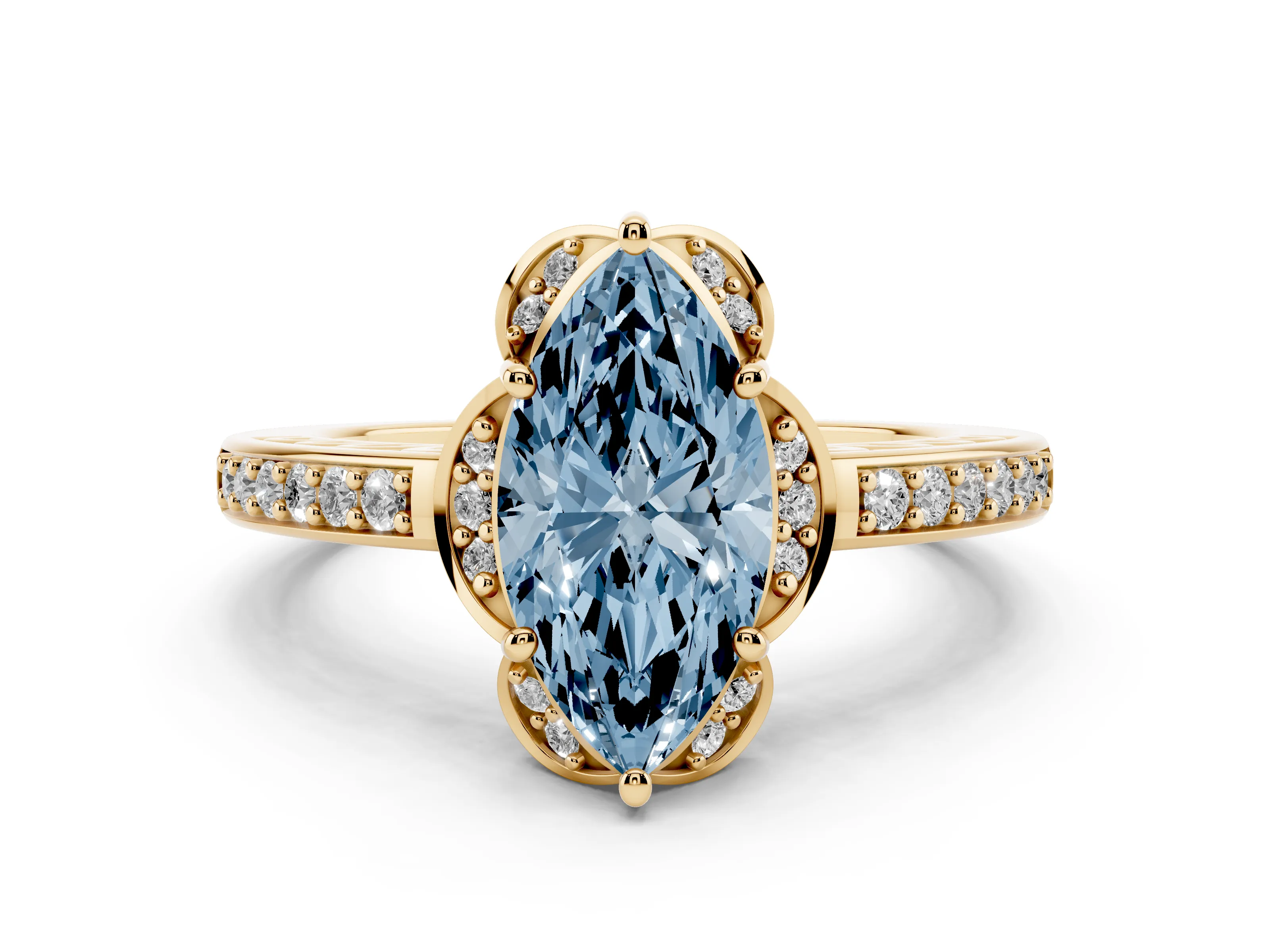 Fancy Blue Marquise Cut Diamond Halo Ring Set in Yellow gold with Channel Set Band and Prong Setting