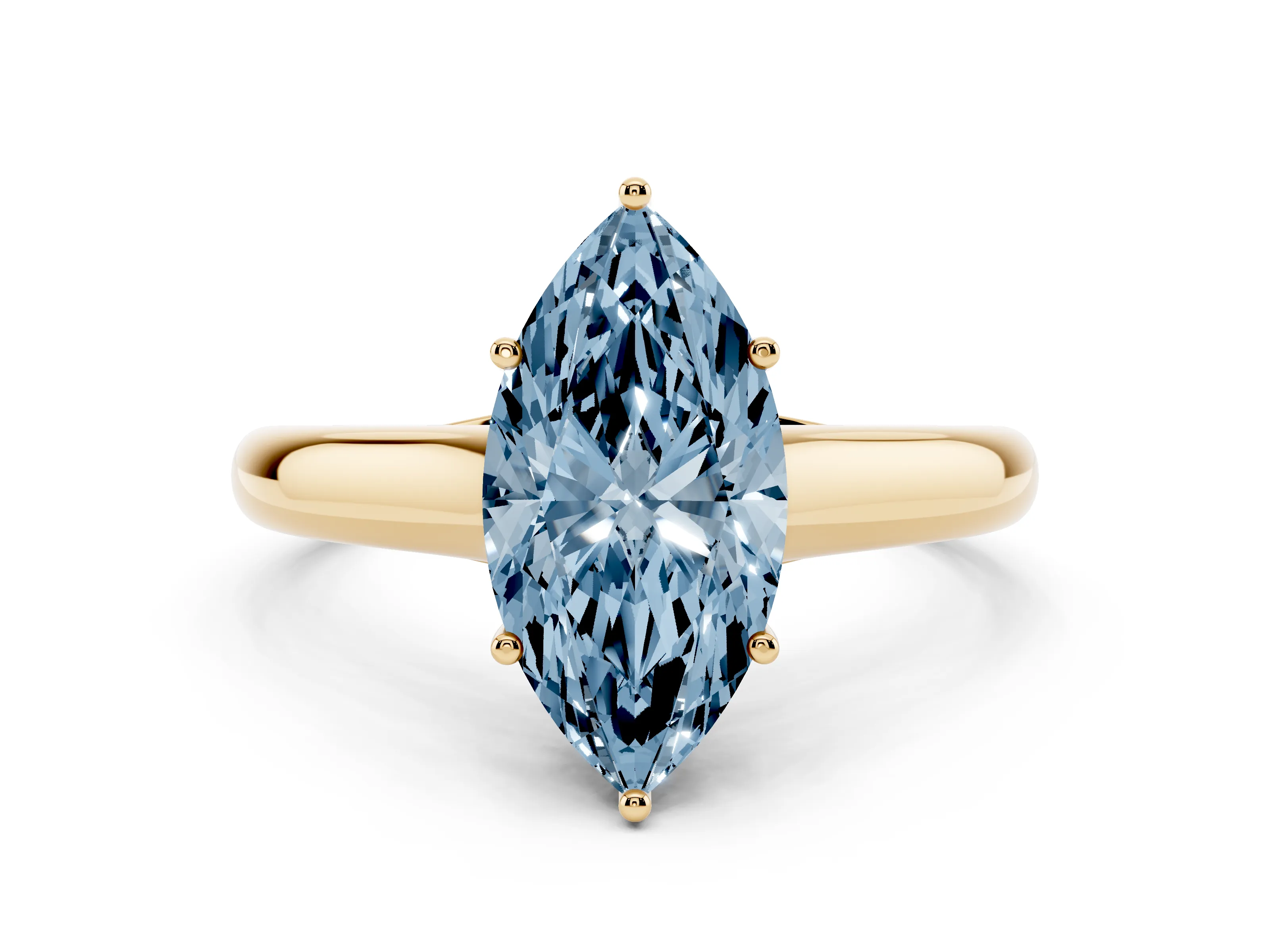 Fancy Blue Marquise Cut Diamond Solitaire Engagement Ring Set in Yellow gold with Subtly Tapered Band and Prong Setting