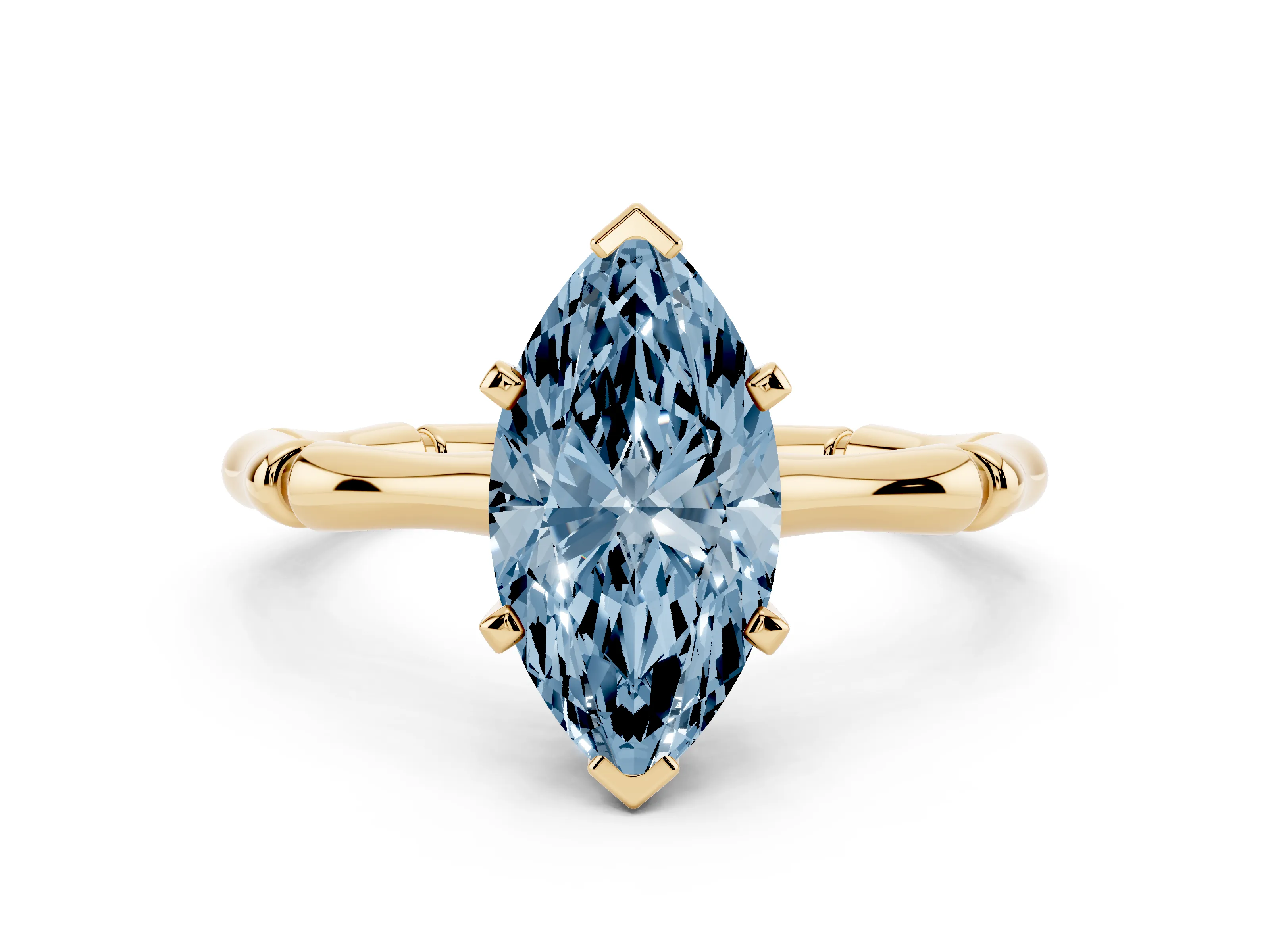 Fancy Blue Marquise Cut Diamond Solitaire Ring Set in Yellow gold with Bamboo Band and Prong Setting