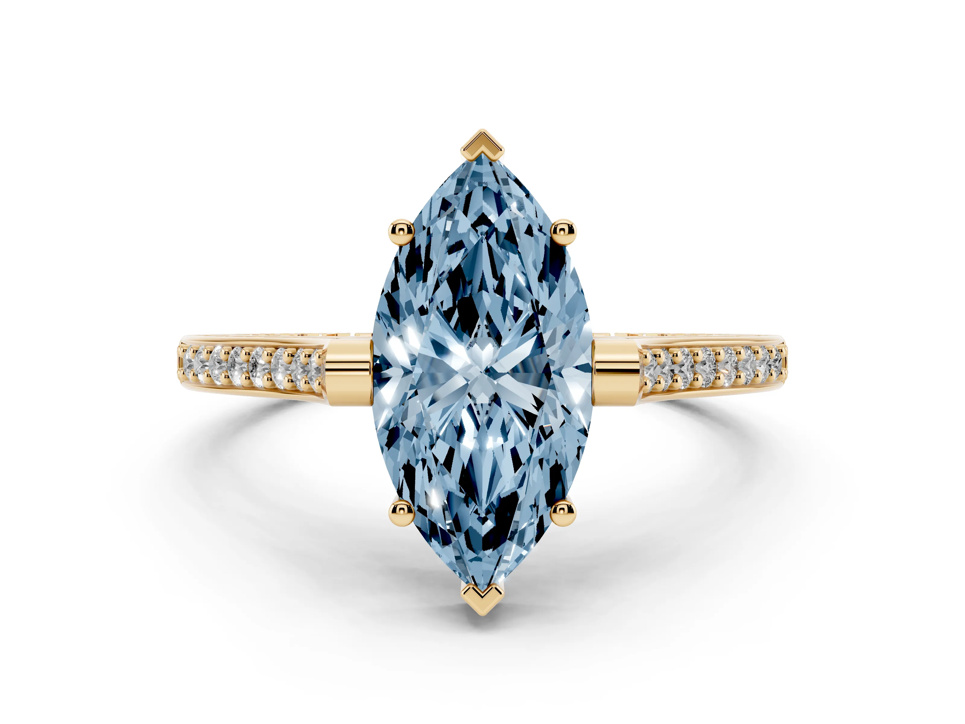 Fancy Blue Marquise Cut Diamond Solitaire Ring Set in Yellow gold with Channel Set Band and Bezel Prong Setting